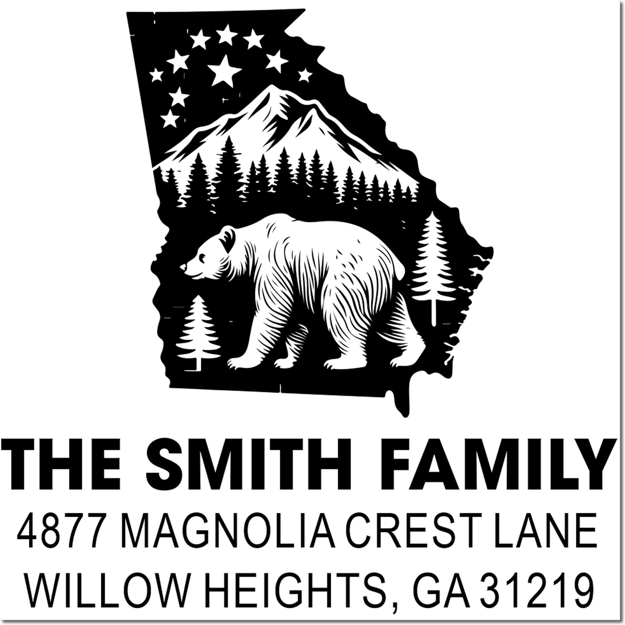 Custom return address rubber stamp with Georgia bear and mountain design for the Smith family.