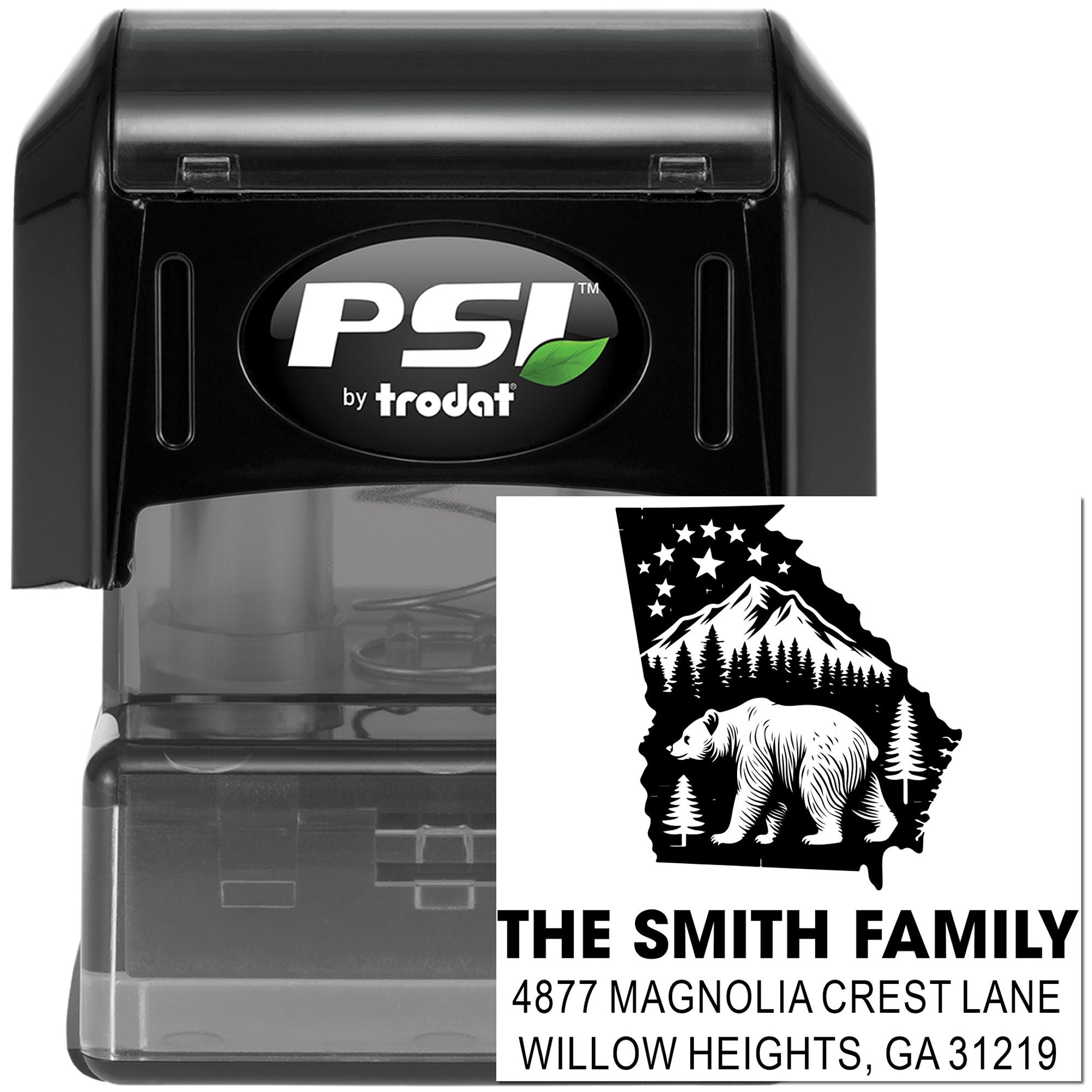 Custom self-inking address stamp with bear and mountain design, personalized family name and return address by PSI by Trodat