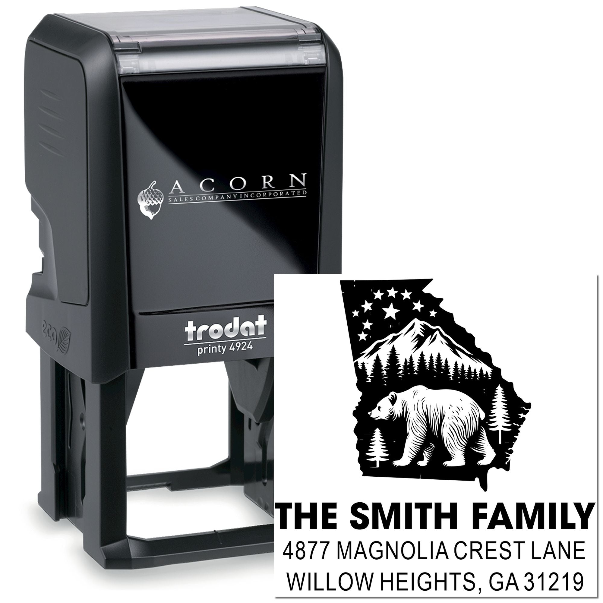 Trodat Printy 4924 custom self-inking return address stamp for The Smith Family with bear and mountain design.