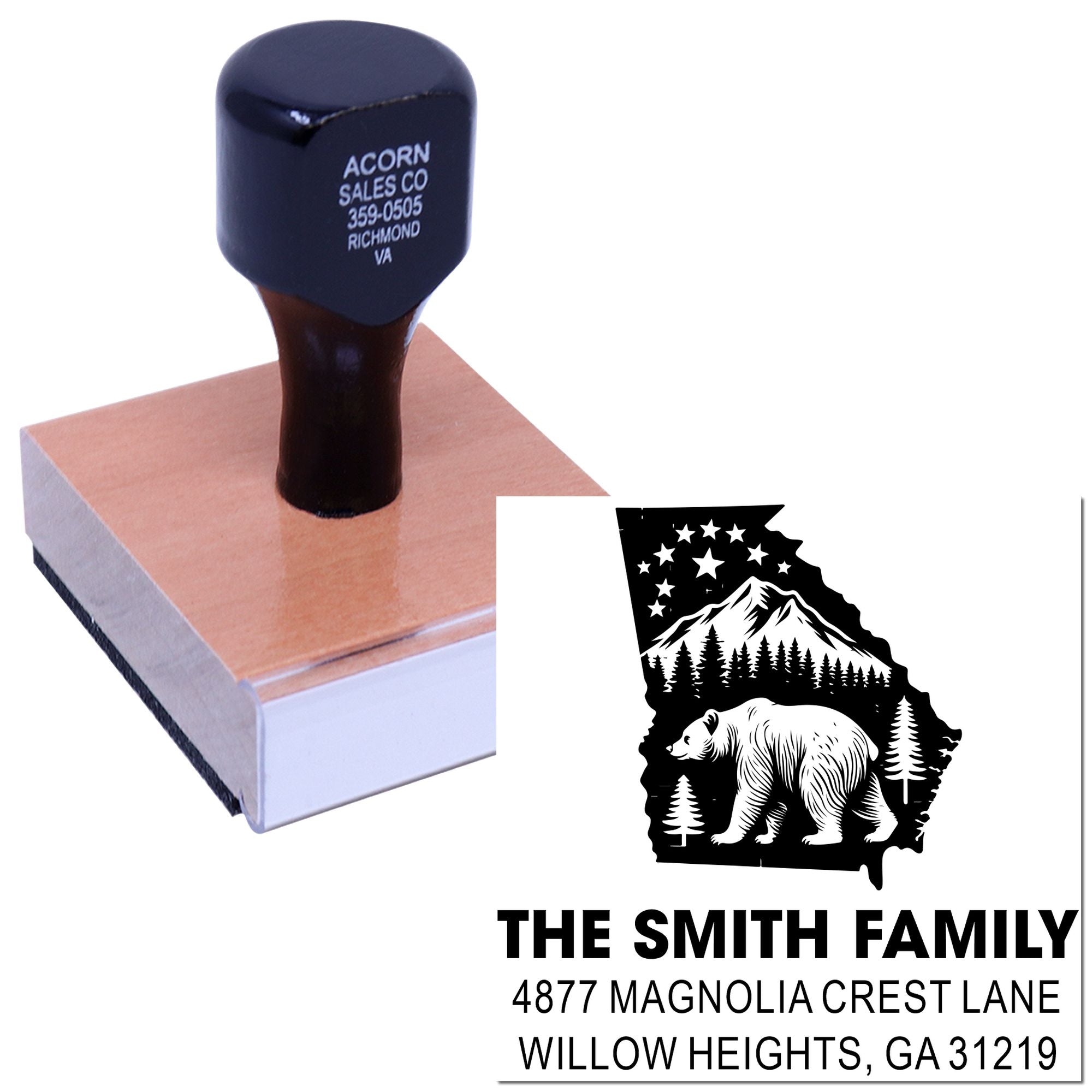 Personalized return address rubber stamp with bear state design for custom family mailing labels.