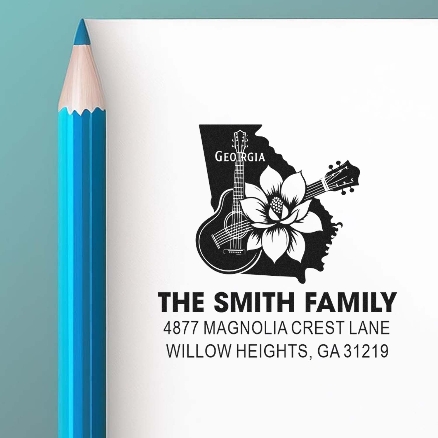 Custom Georgia family address rubber stamp with guitars and magnolia design for personalized mailings