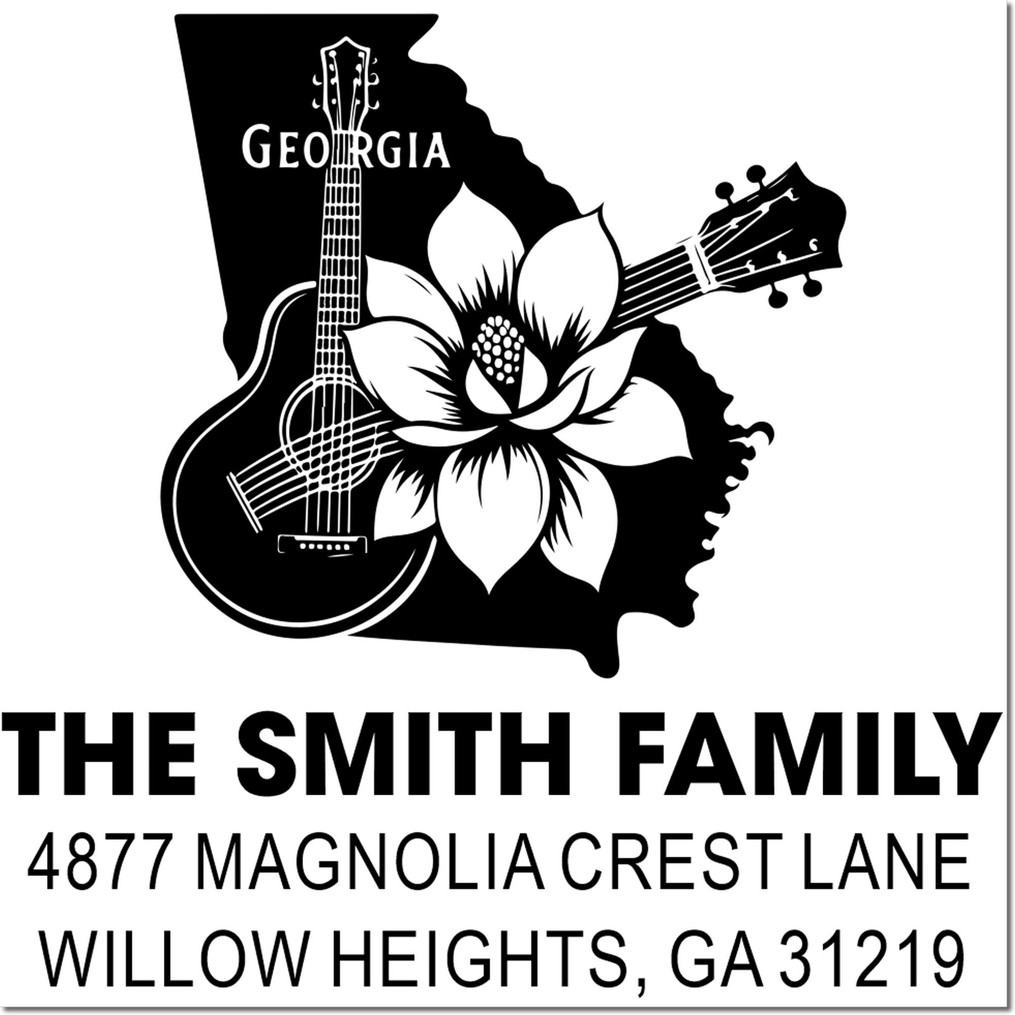 Custom Georgia family return address rubber stamp with magnolia, guitars, and The Smith Family, Willow Heights, GA 31219.