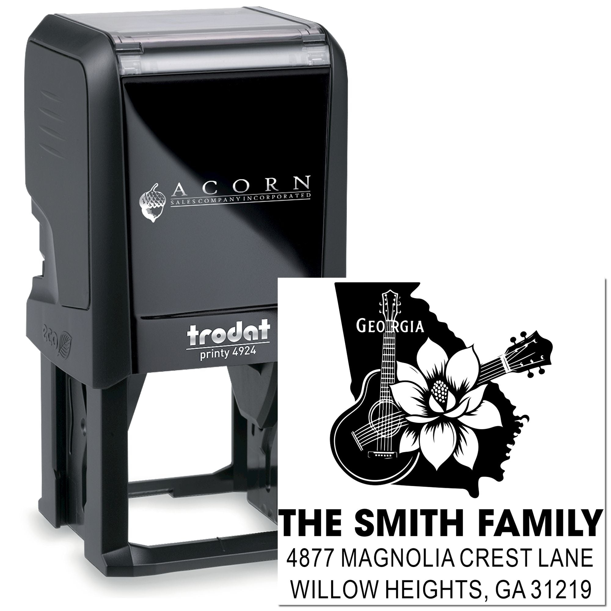 Custom self-inking rubber address stamp with Georgia family crest design and Trodat Printy 4924 stamp for The Smith Family.