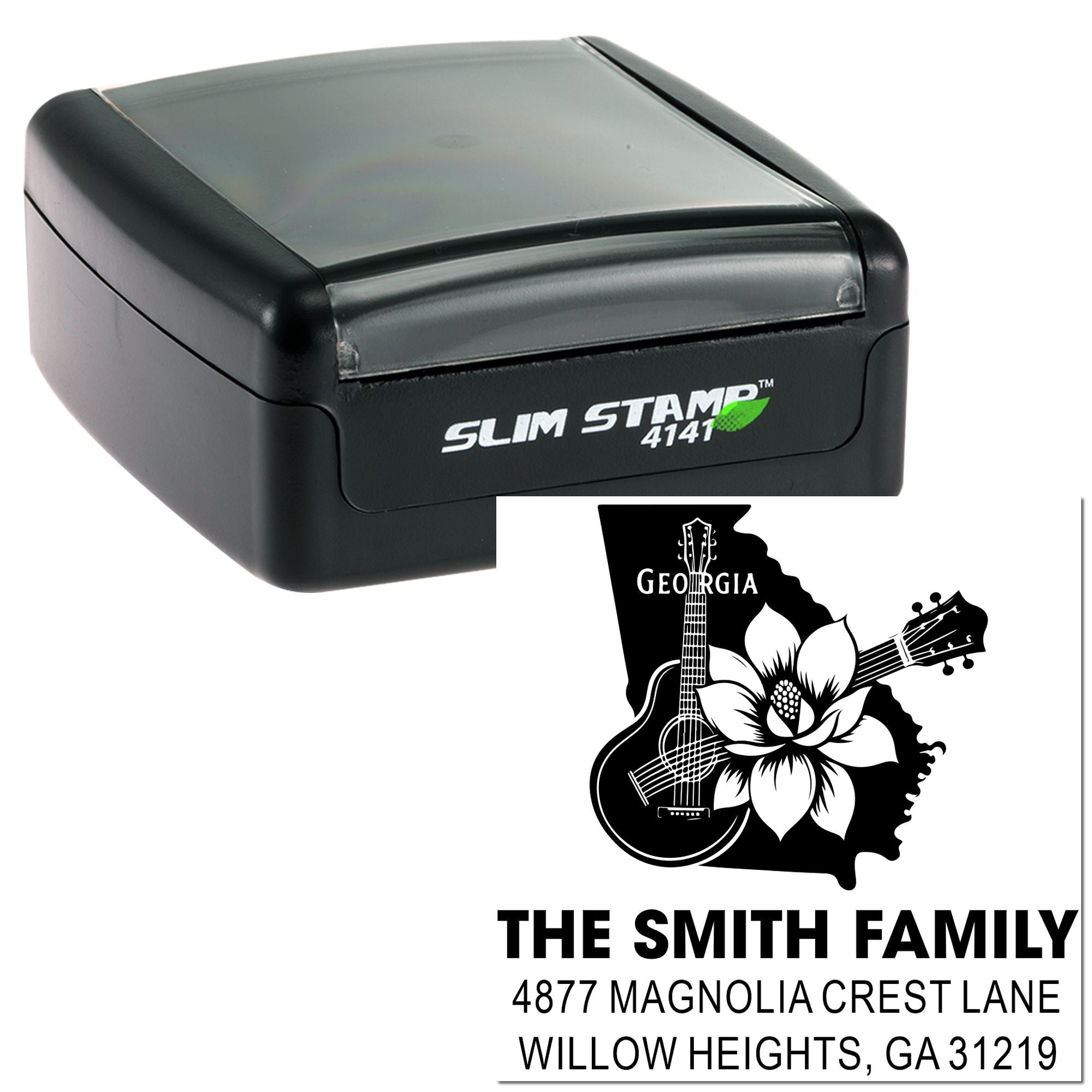 Custom self-inking address rubber stamp with Georgia family design for personalized return mailing.
