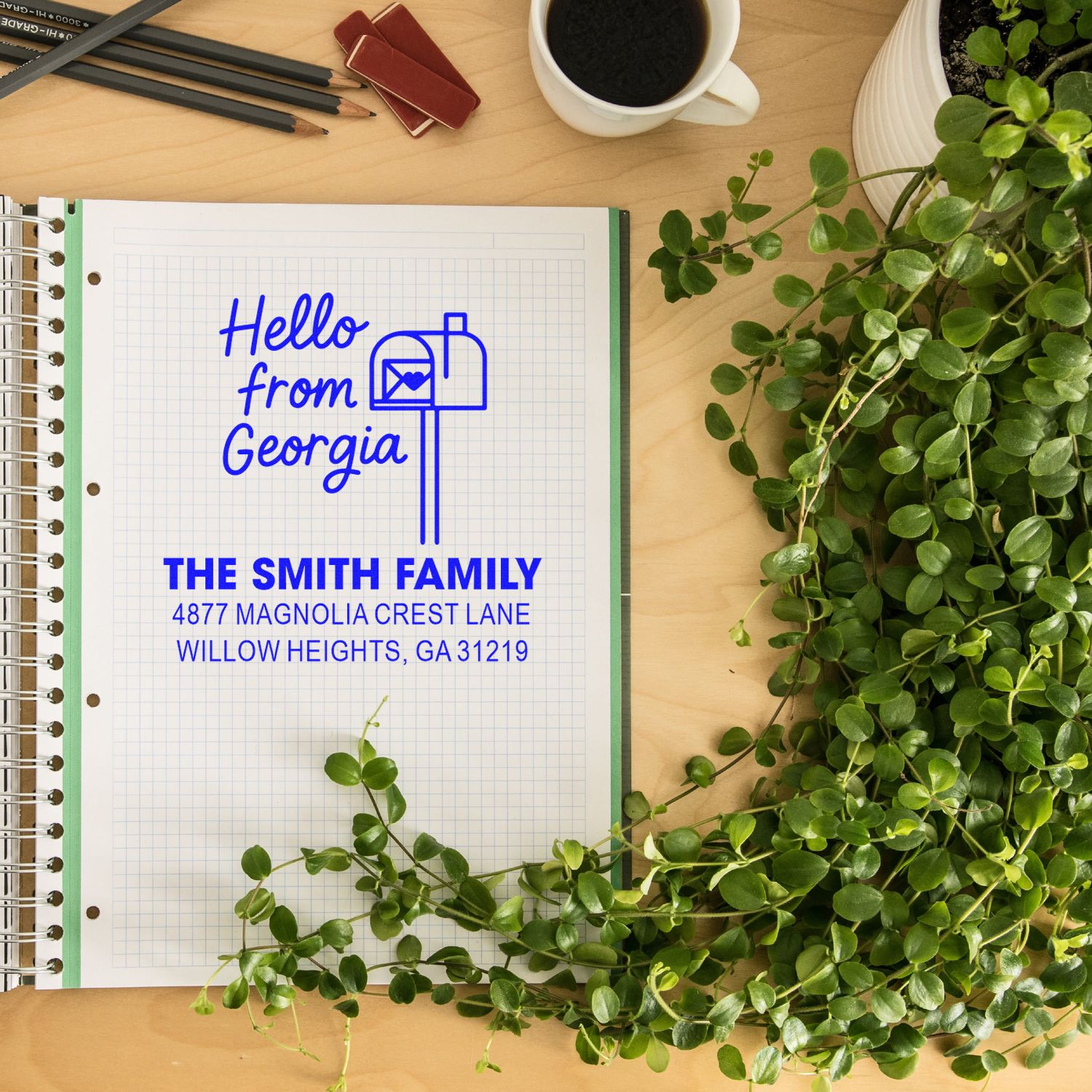 Custom family return address rubber stamp with Hello from Georgia design and The Smith Family mailing address.