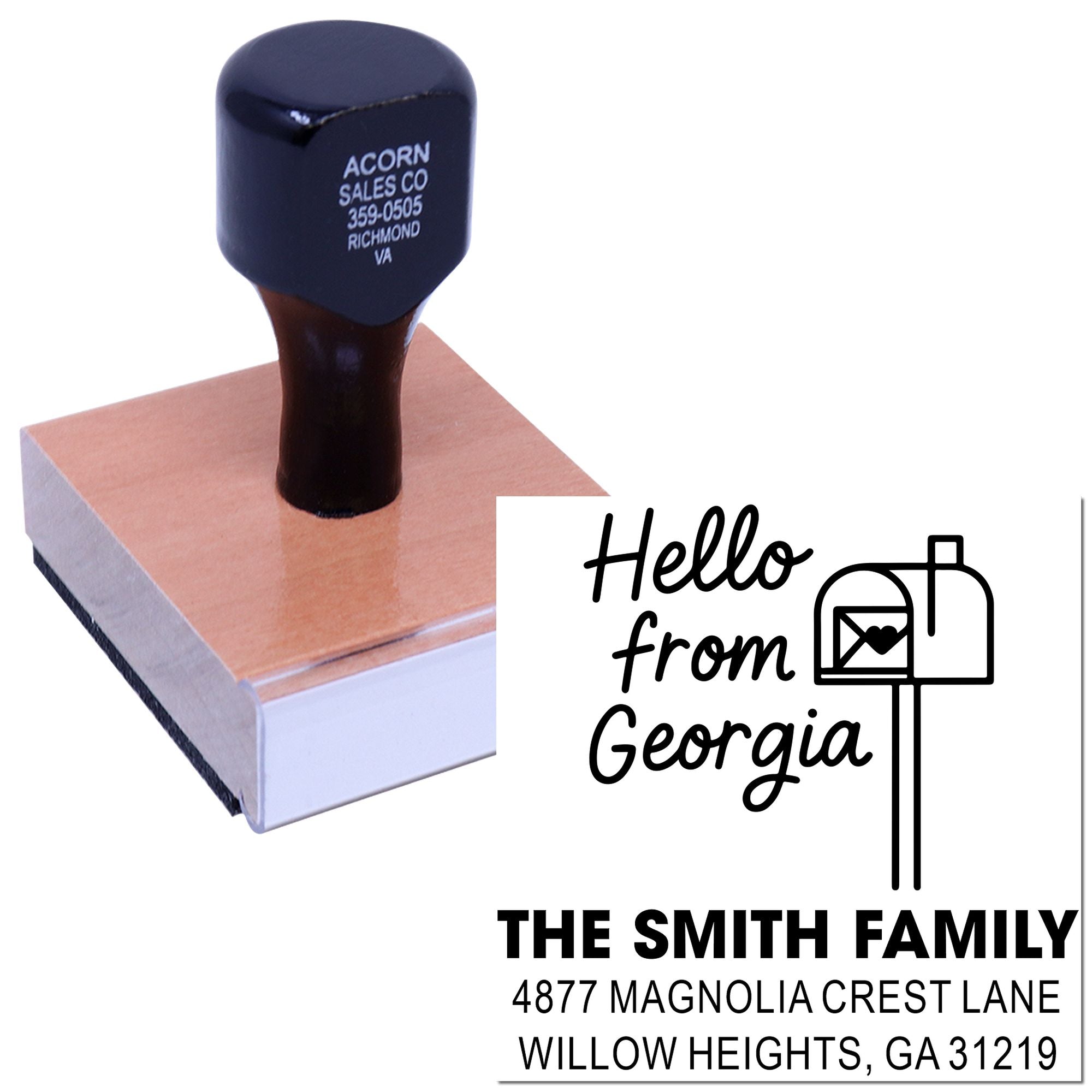 Custom self-inking return address rubber stamp with Hello from Georgia design and family mailing address.