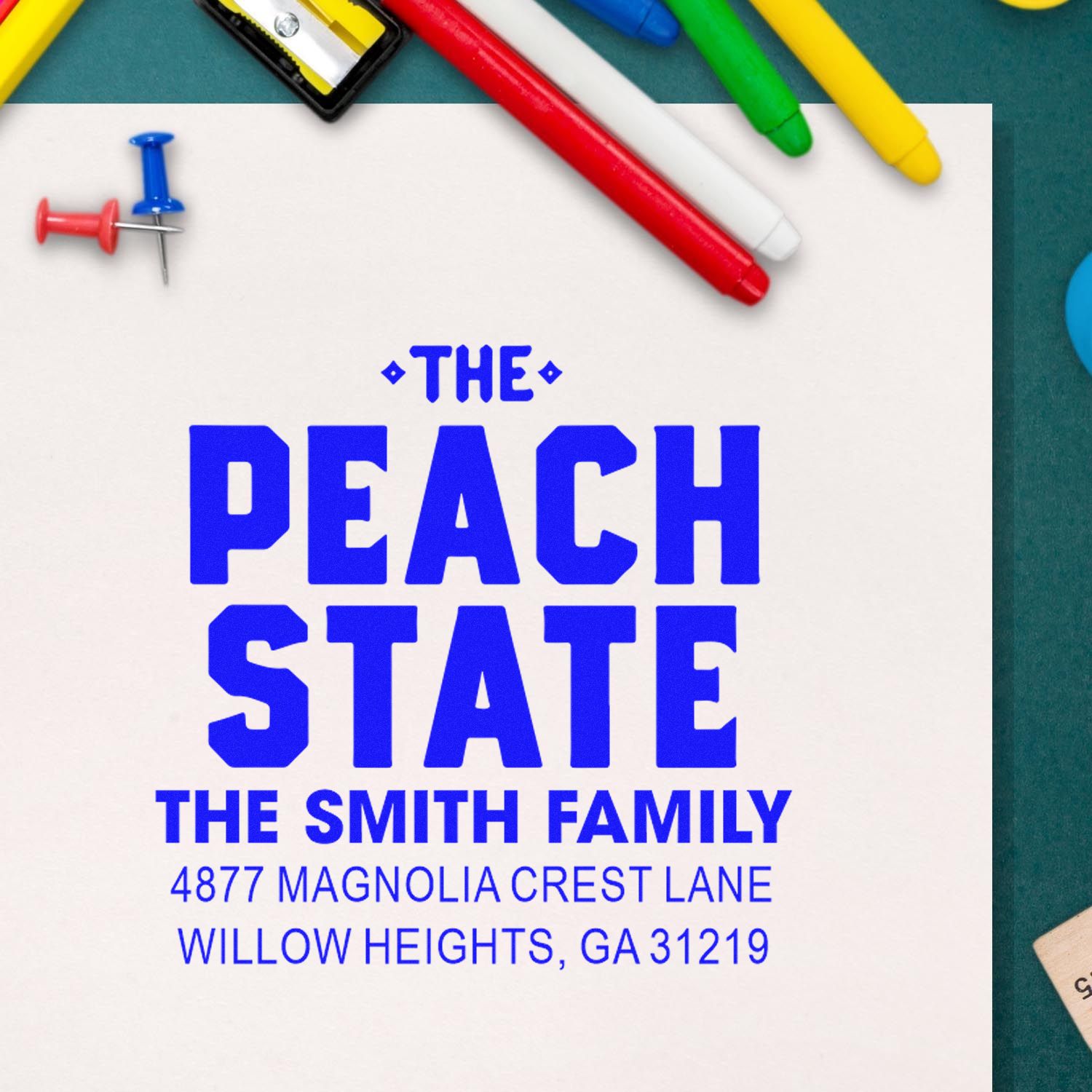 Personalized rubber address stamp for The Smith Family, featuring The Peach State design and Willow Heights, GA address.