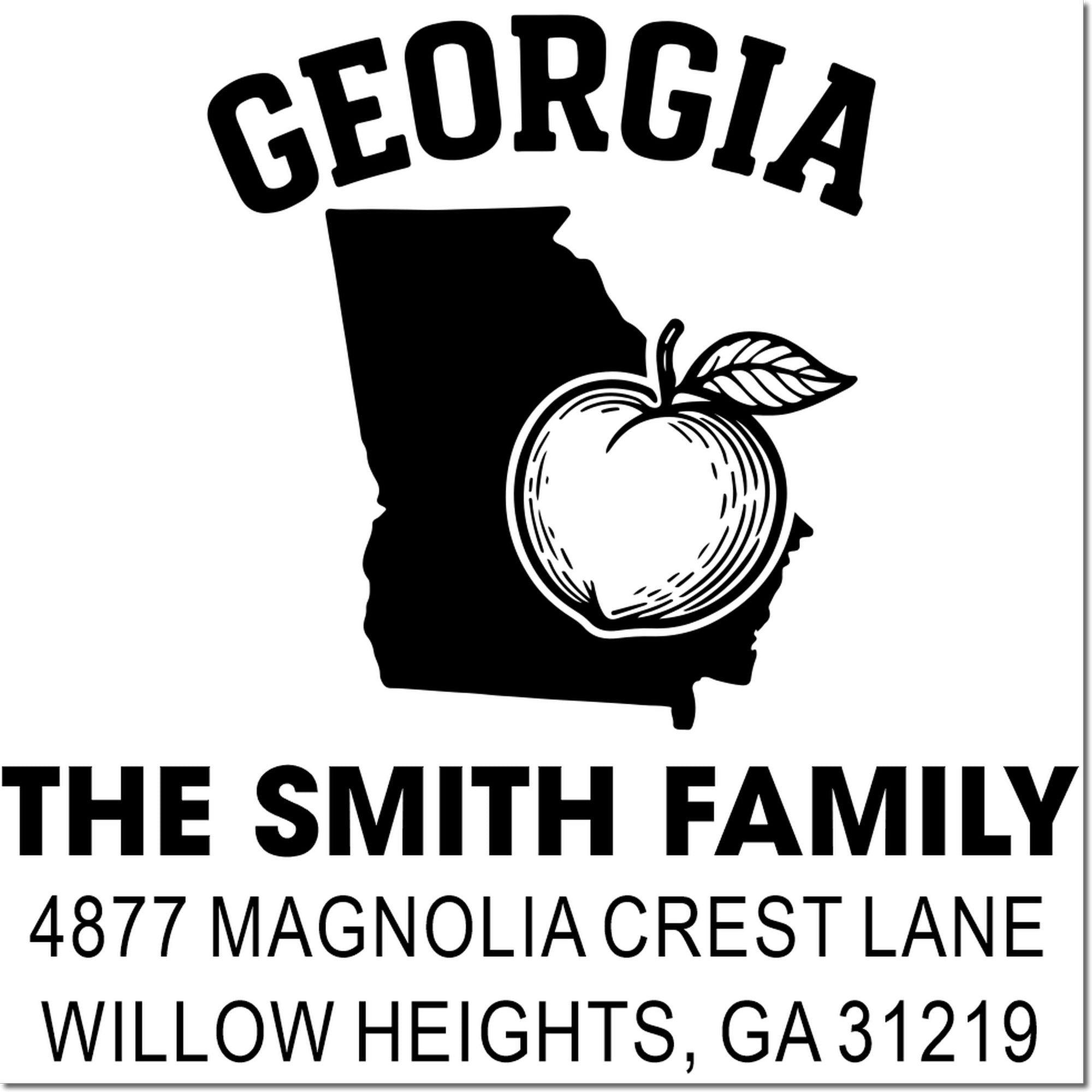 Custom Georgia return address rubber stamp with state silhouette, peach graphic, and The Smith Family name and Willow Heights address.
