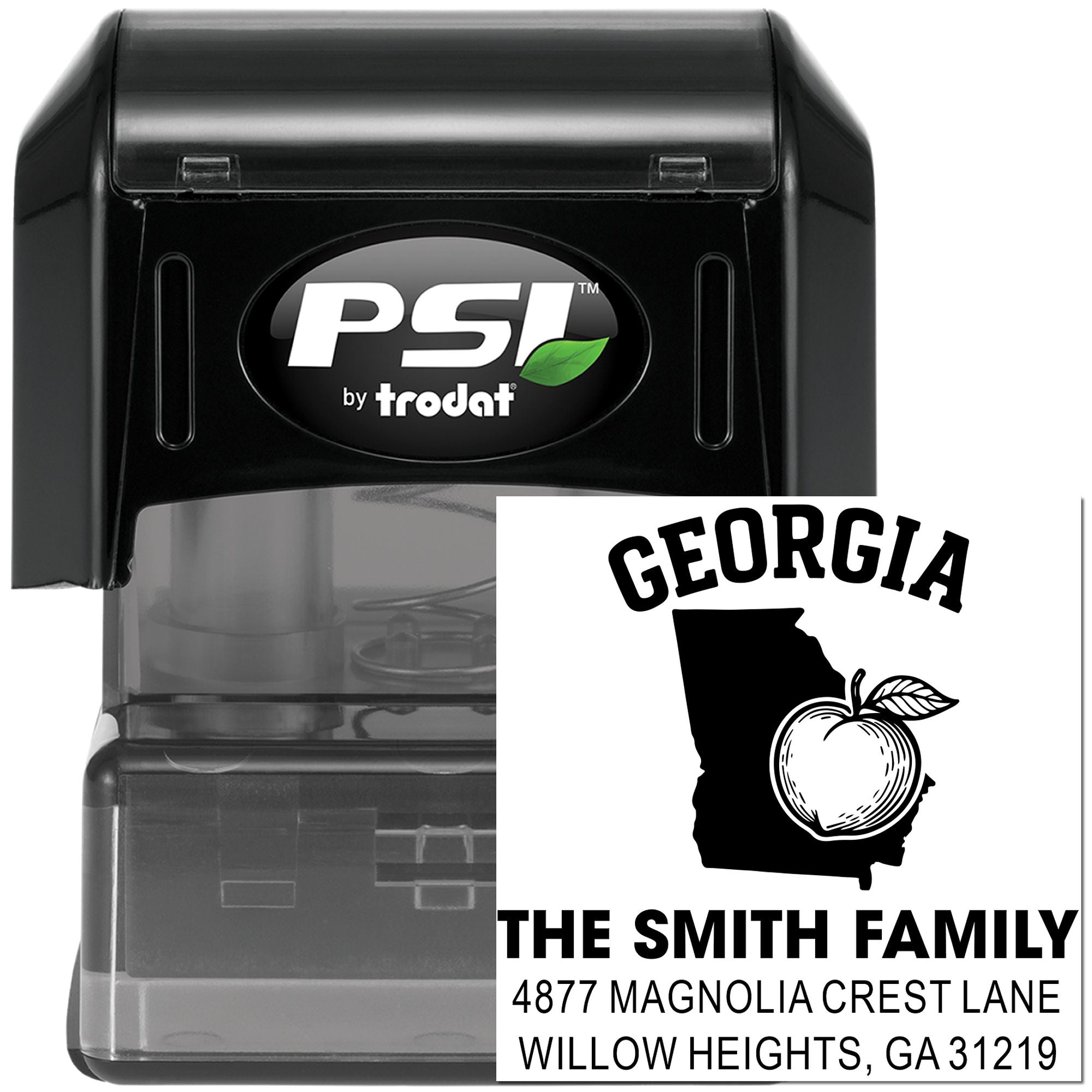Self-inking custom Georgia family address rubber stamp by PSI Trodat with state silhouette and return address.