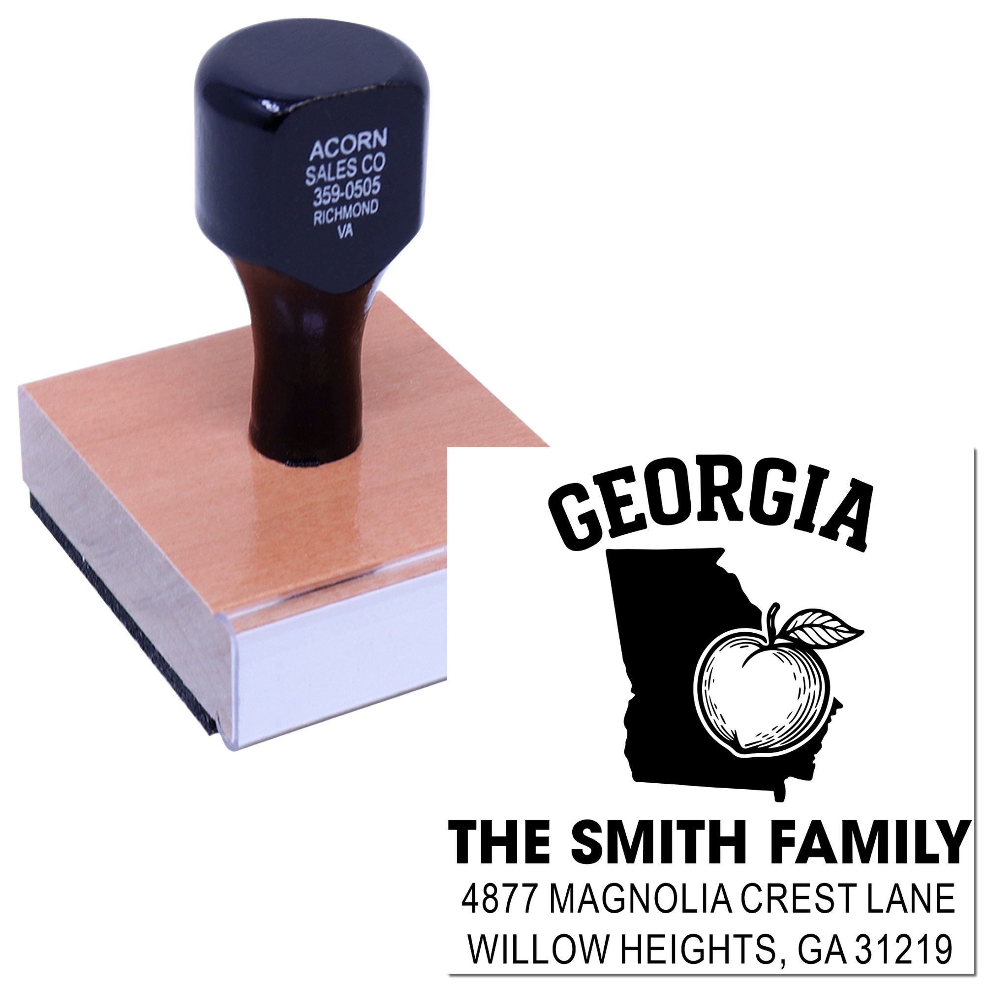 Personalized Georgia return address rubber stamp with family name and apple design for custom mailing.