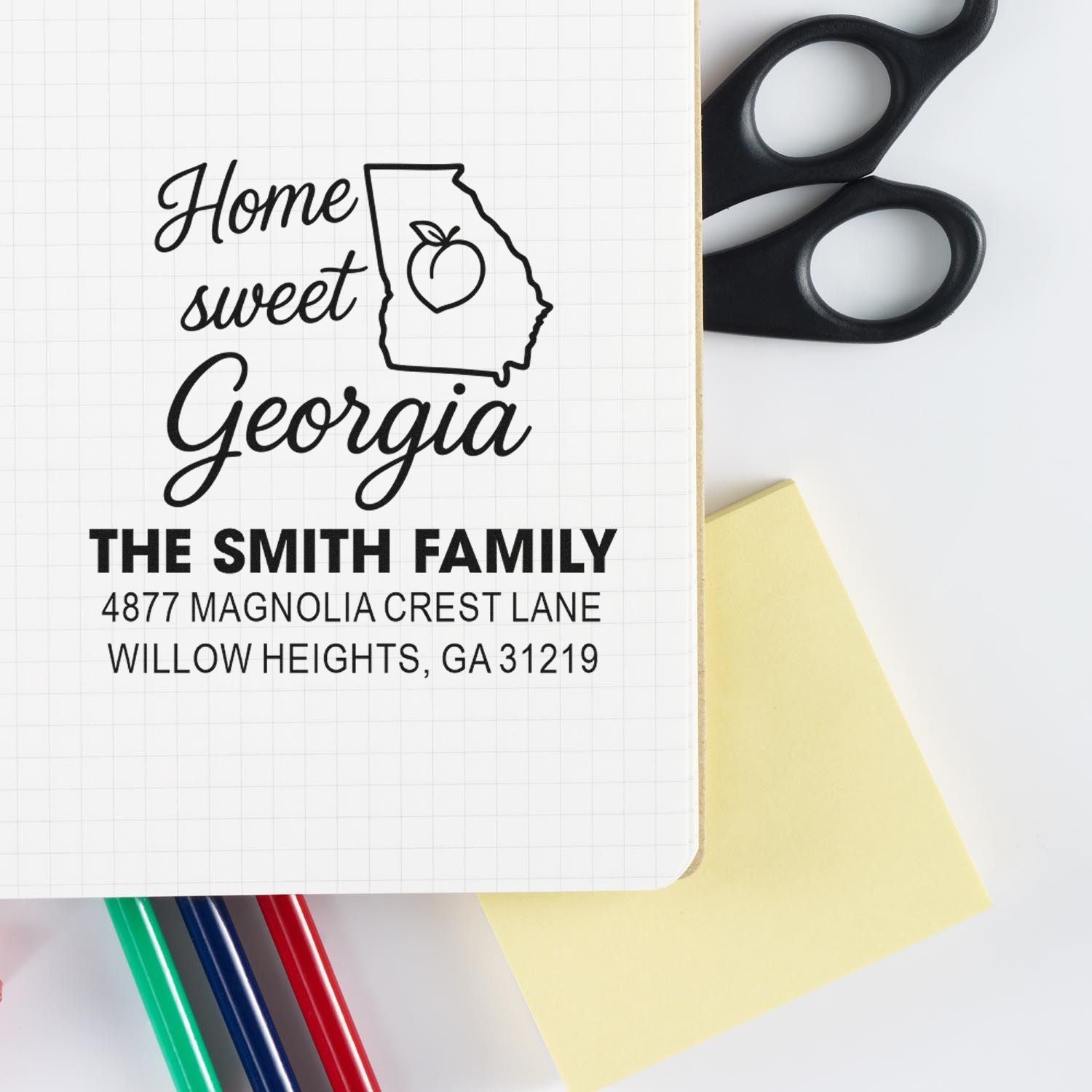 Custom Georgia return address rubber stamp with Home Sweet Georgia design, family name, and mailing address for personalized mail.