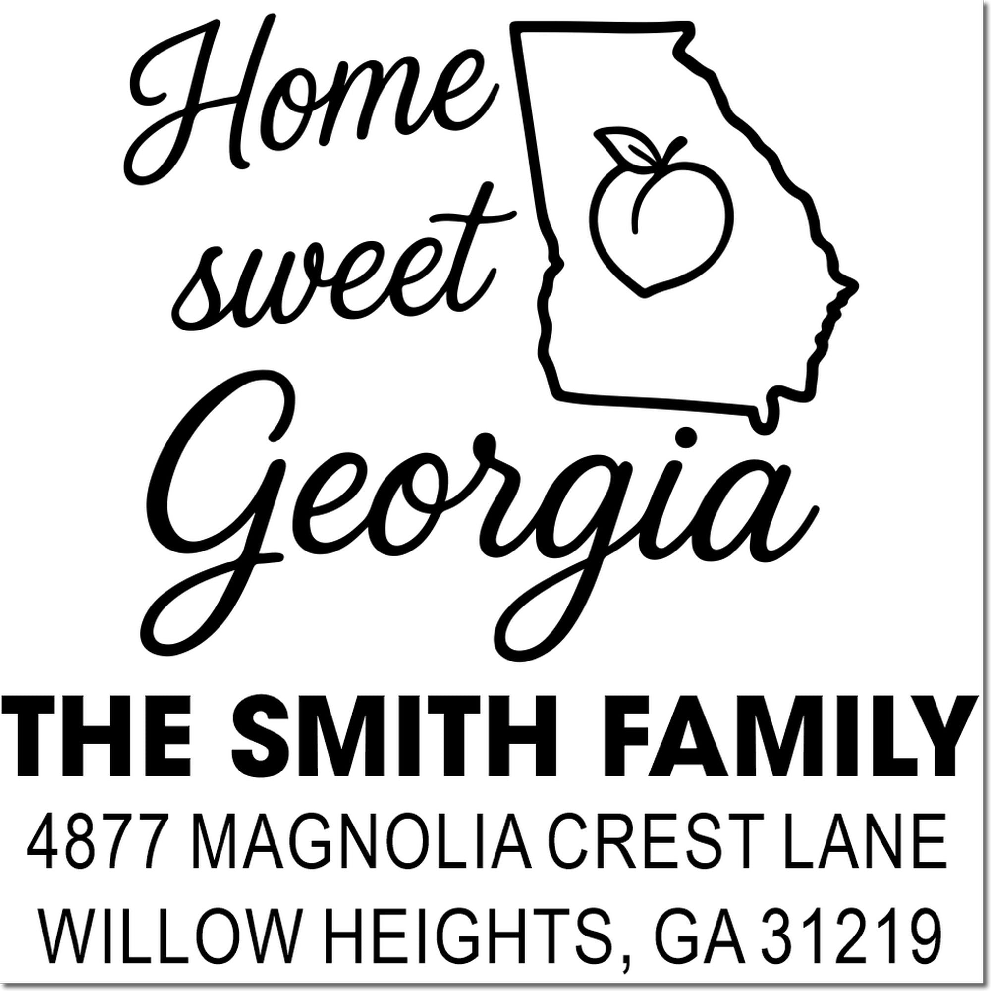 Custom Georgia return address stamp proof with Home Sweet Georgia, peach icon, and The Smith Family address.