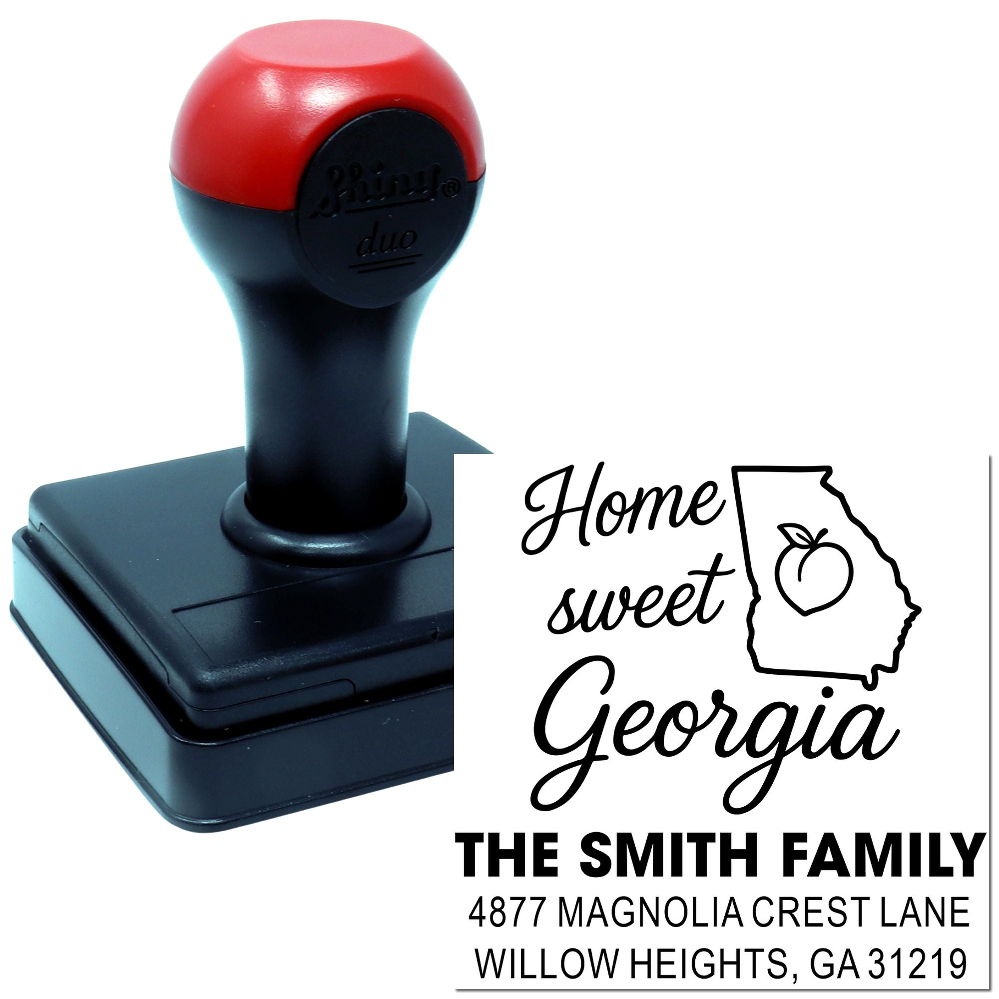 Custom address rubber stamp with Home Sweet Georgia family return address for envelopes, mail, and personal stationery.