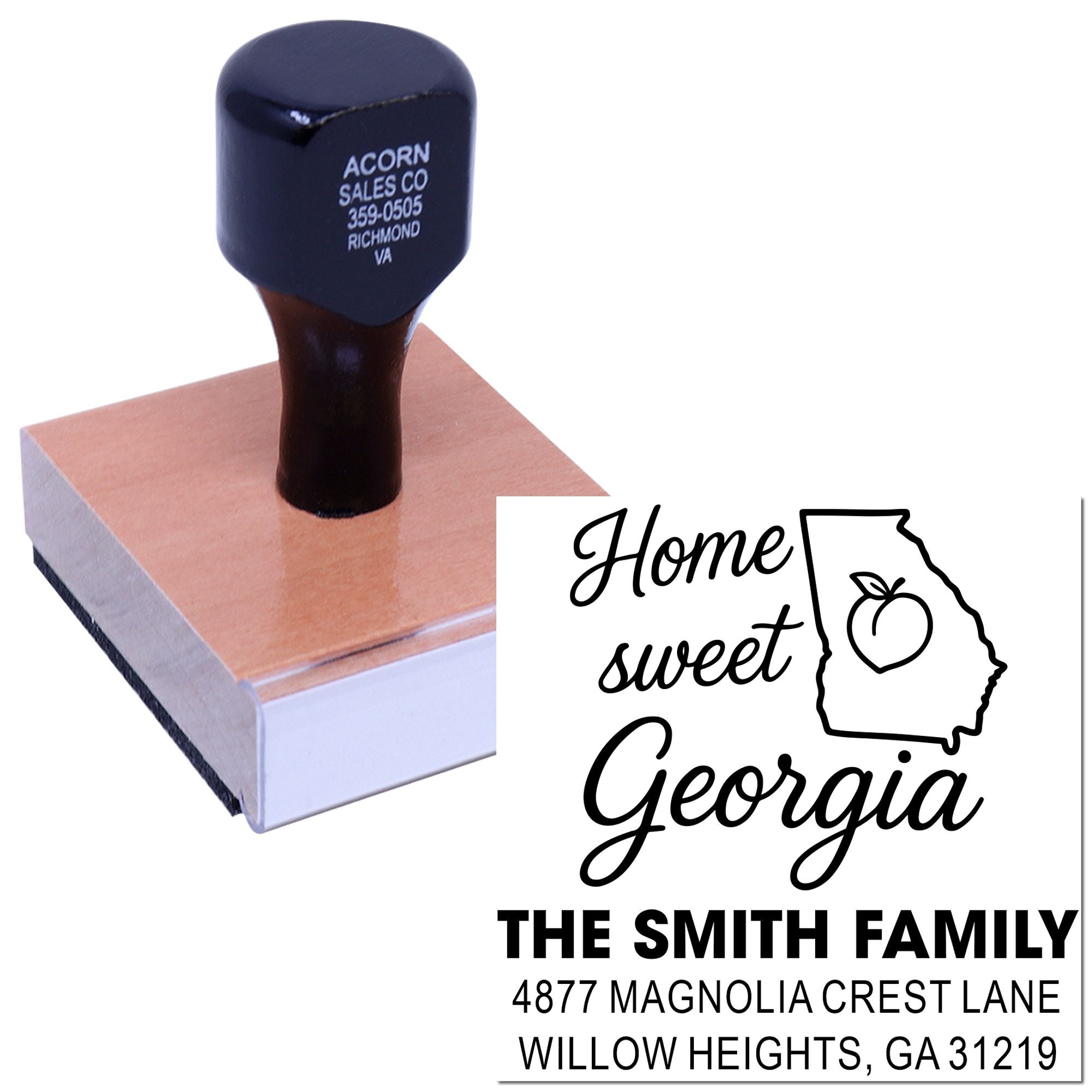 Custom Georgia return address rubber stamp with Home Sweet Georgia design, peach icon, family name, and mailing address.