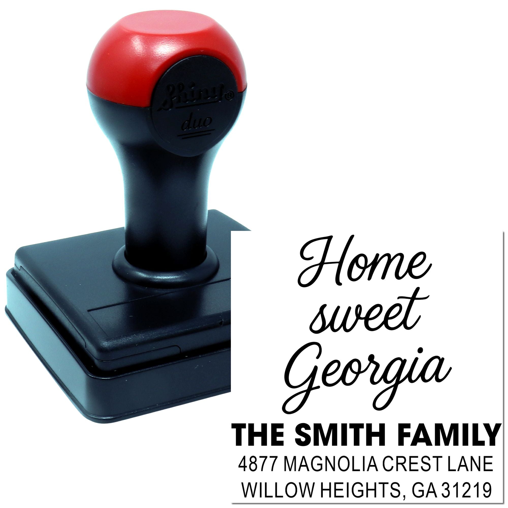 Custom self-inking address rubber stamp with Home Sweet Georgia design for The Smith Family, Willow Heights, GA.
