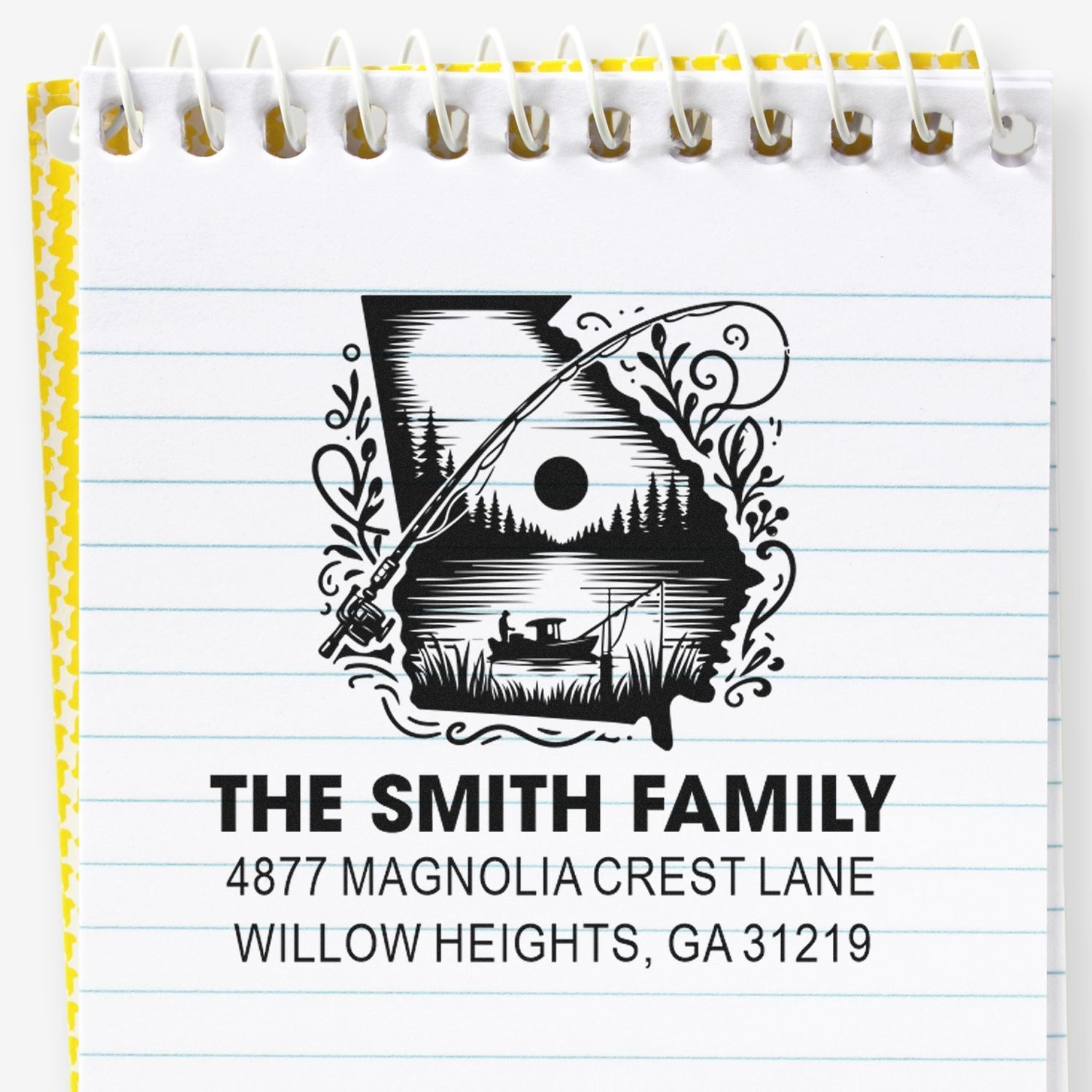 Custom family return address rubber stamp with fishing lake monogram design for envelopes and stationery