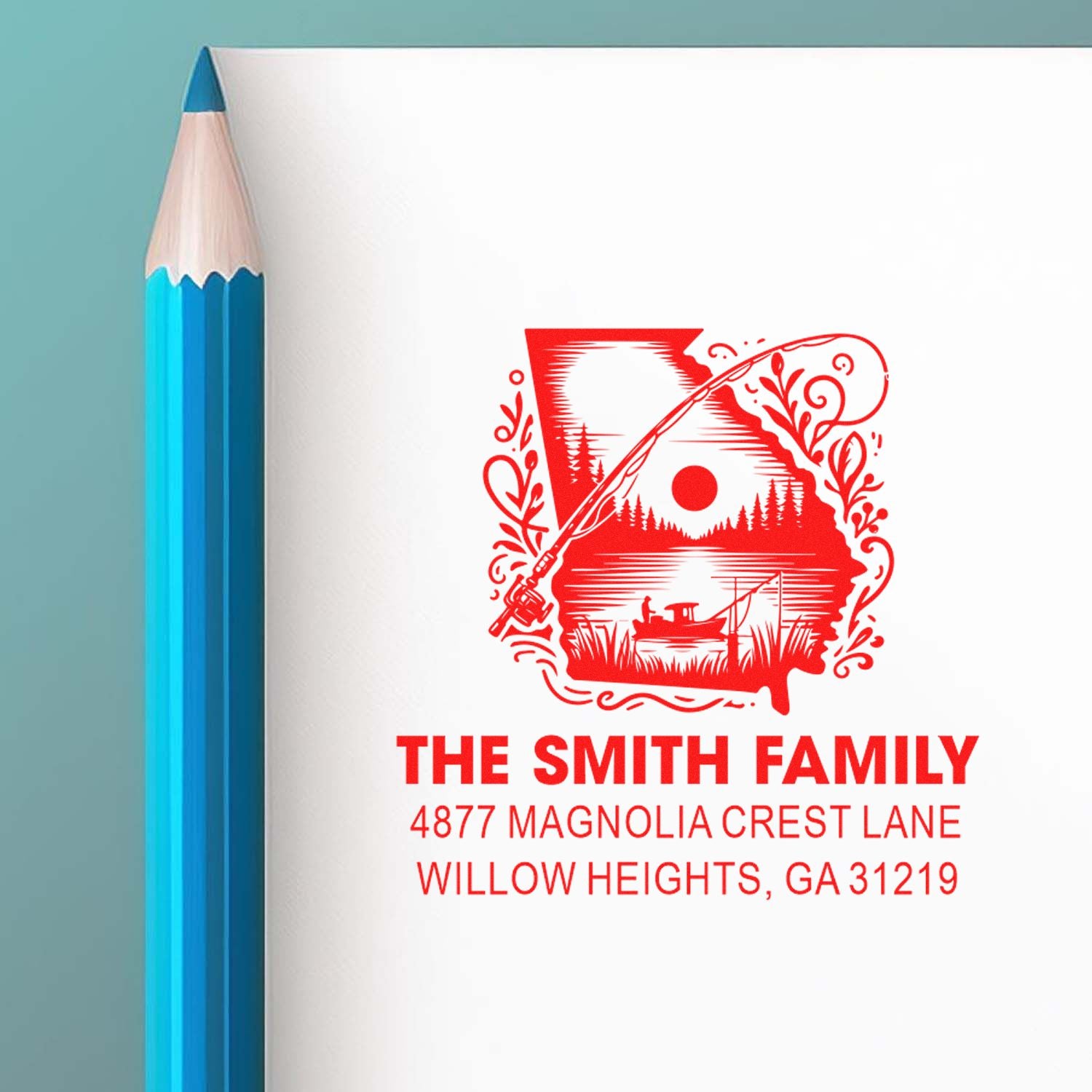 Custom rubber address stamp for The Smith Family, featuring a fishing-themed return address design.