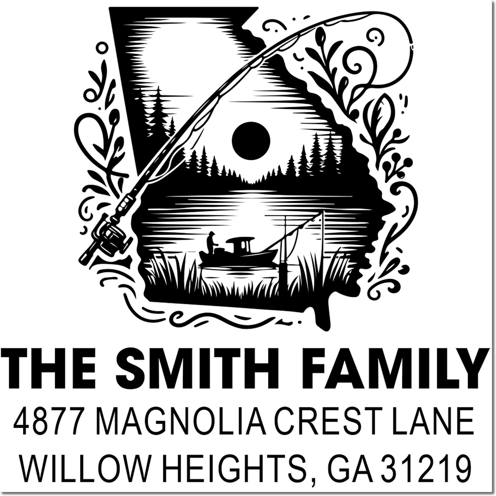 Custom personalized rubber stamp for The Smith Family with fishing lake art and return address in Willow Heights, GA 31219.