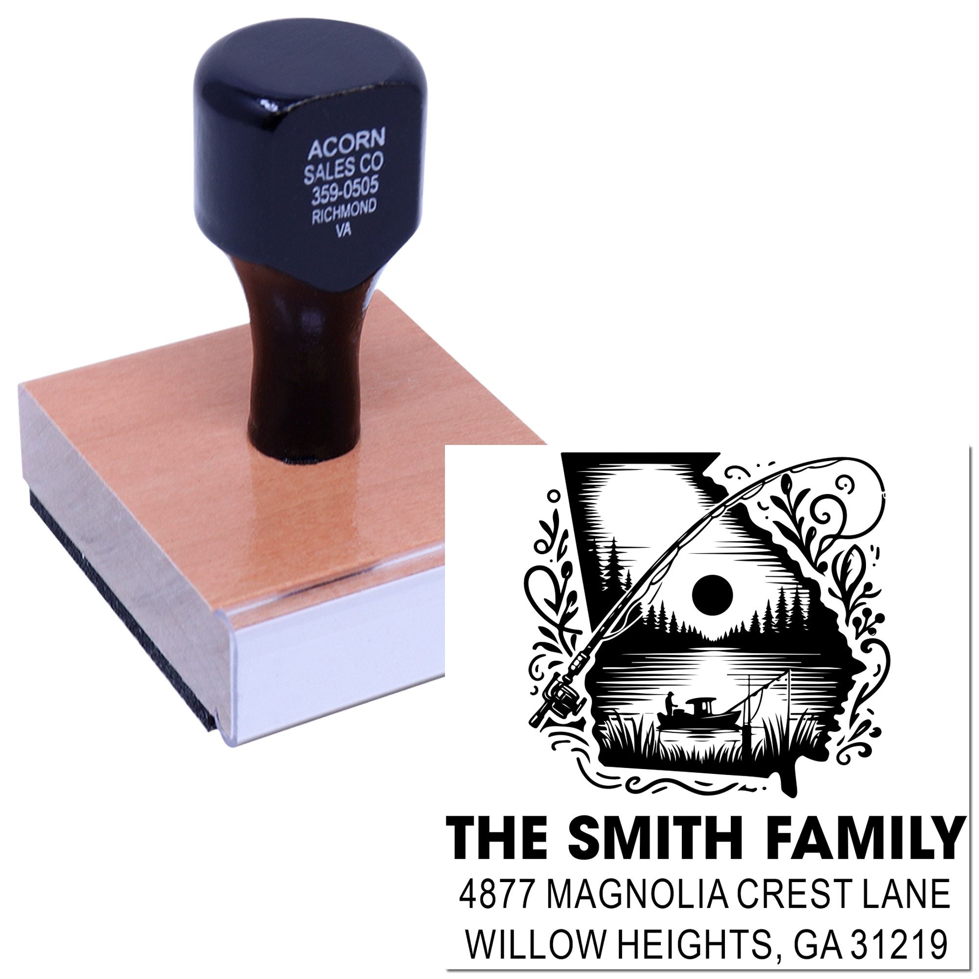 Custom fishing family return address rubber stamp with personalized name, address, and scenic design imprint