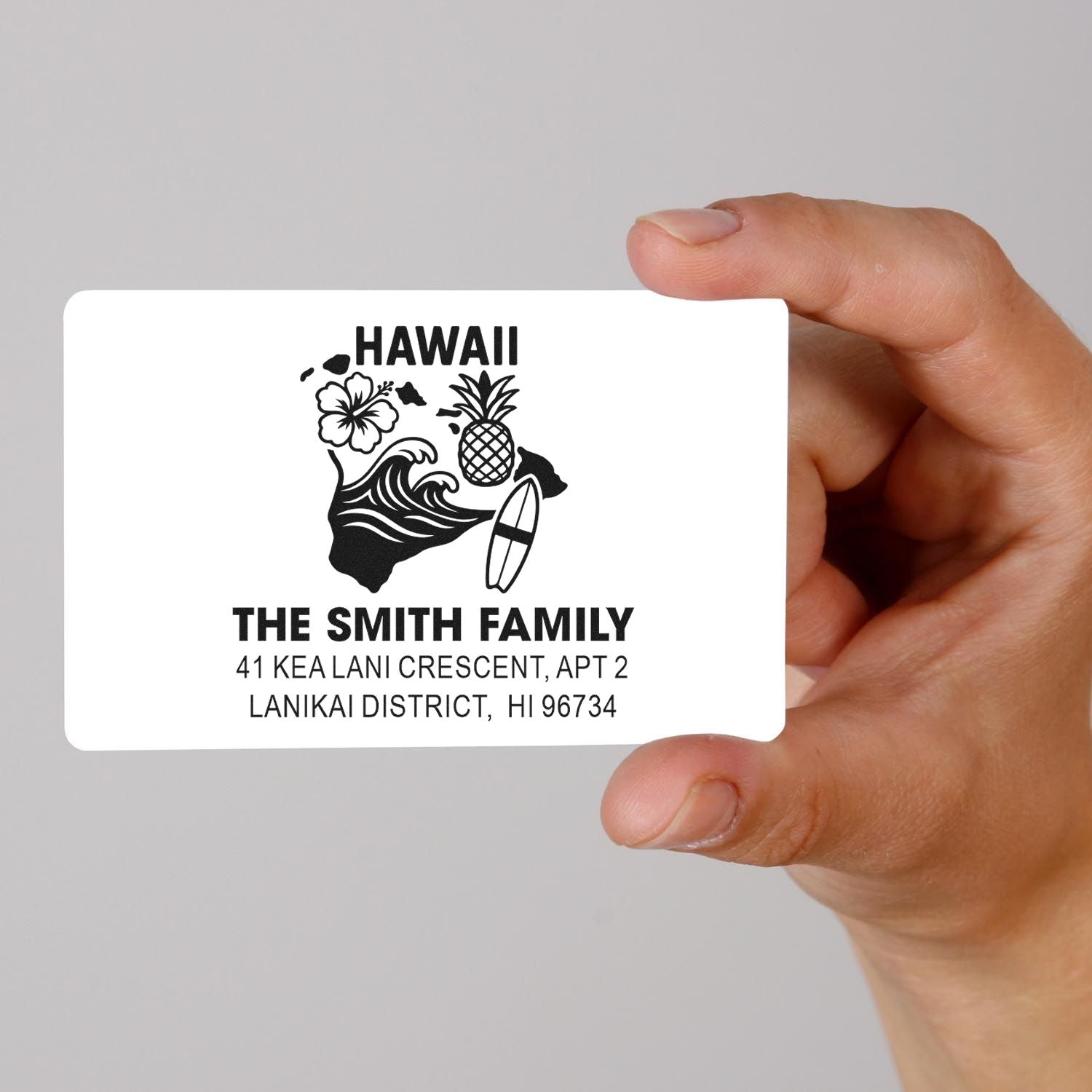 Custom Hawaii return address rubber stamp with surf, pineapple and hibiscus design for The Smith Family