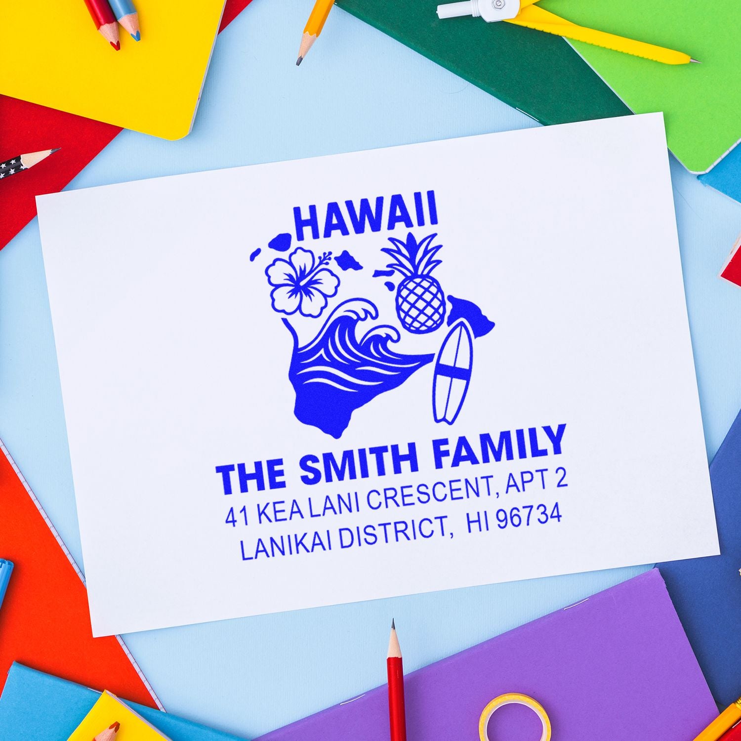 Custom Hawaii family address rubber stamp with surf, hibiscus and pineapple design for return mailing.