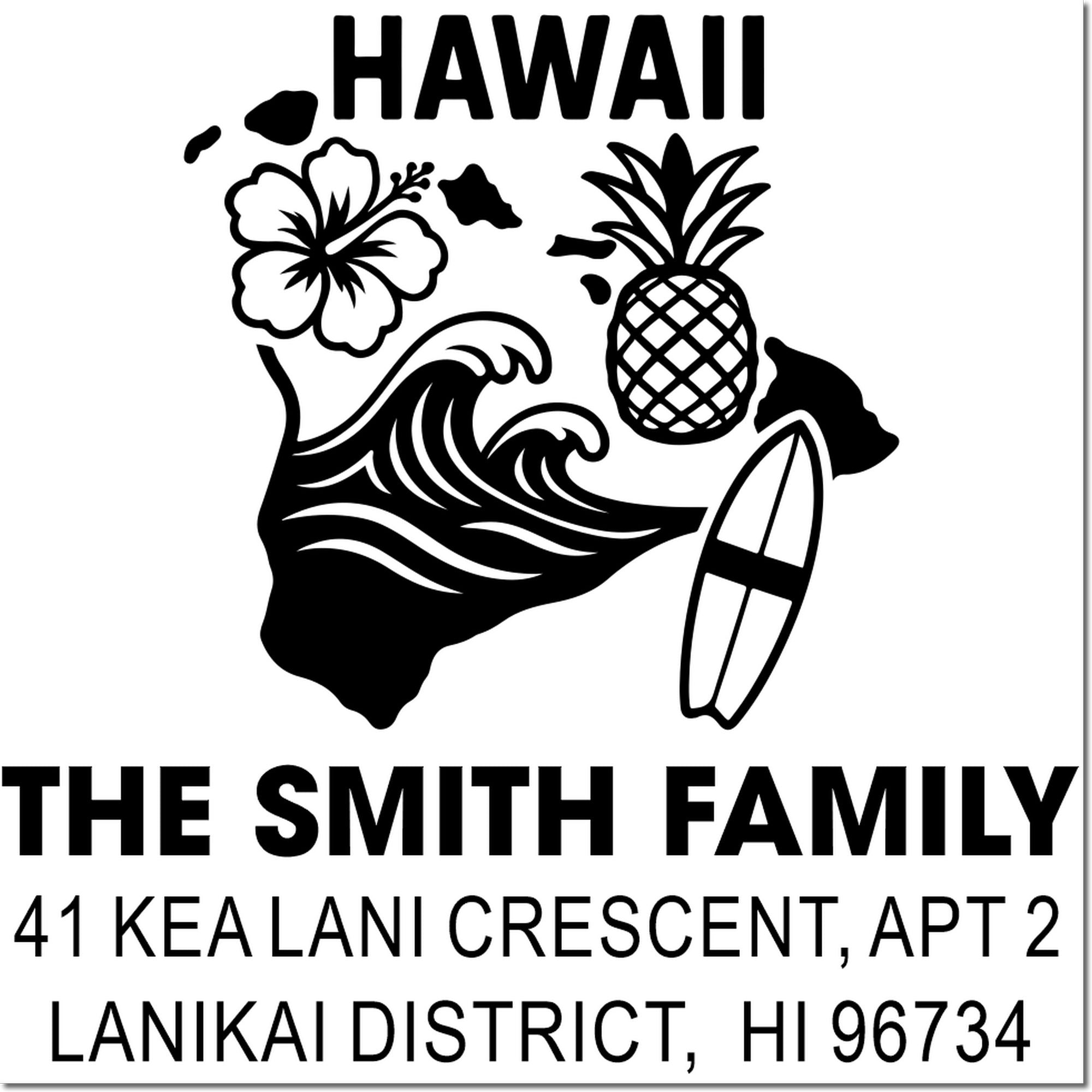 Custom Hawaii return address rubber stamp for The Smith Family, Lanikai District, HI 96734