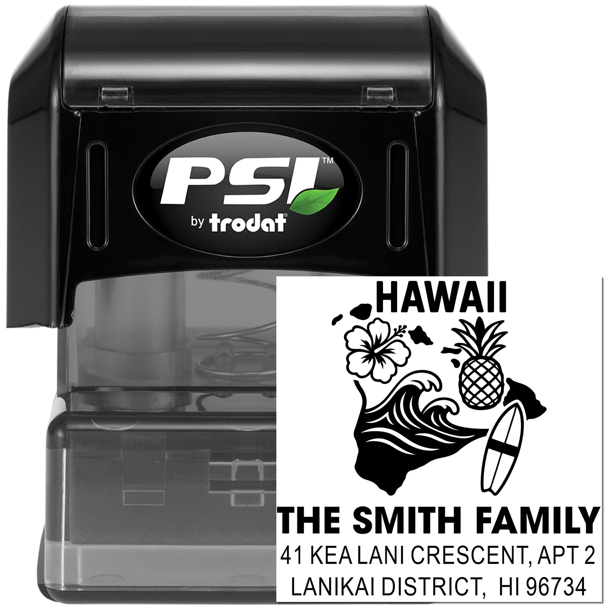 Custom Hawaii family address self-inking rubber stamp by PSI Trodat with surf, pineapple and surfboard design