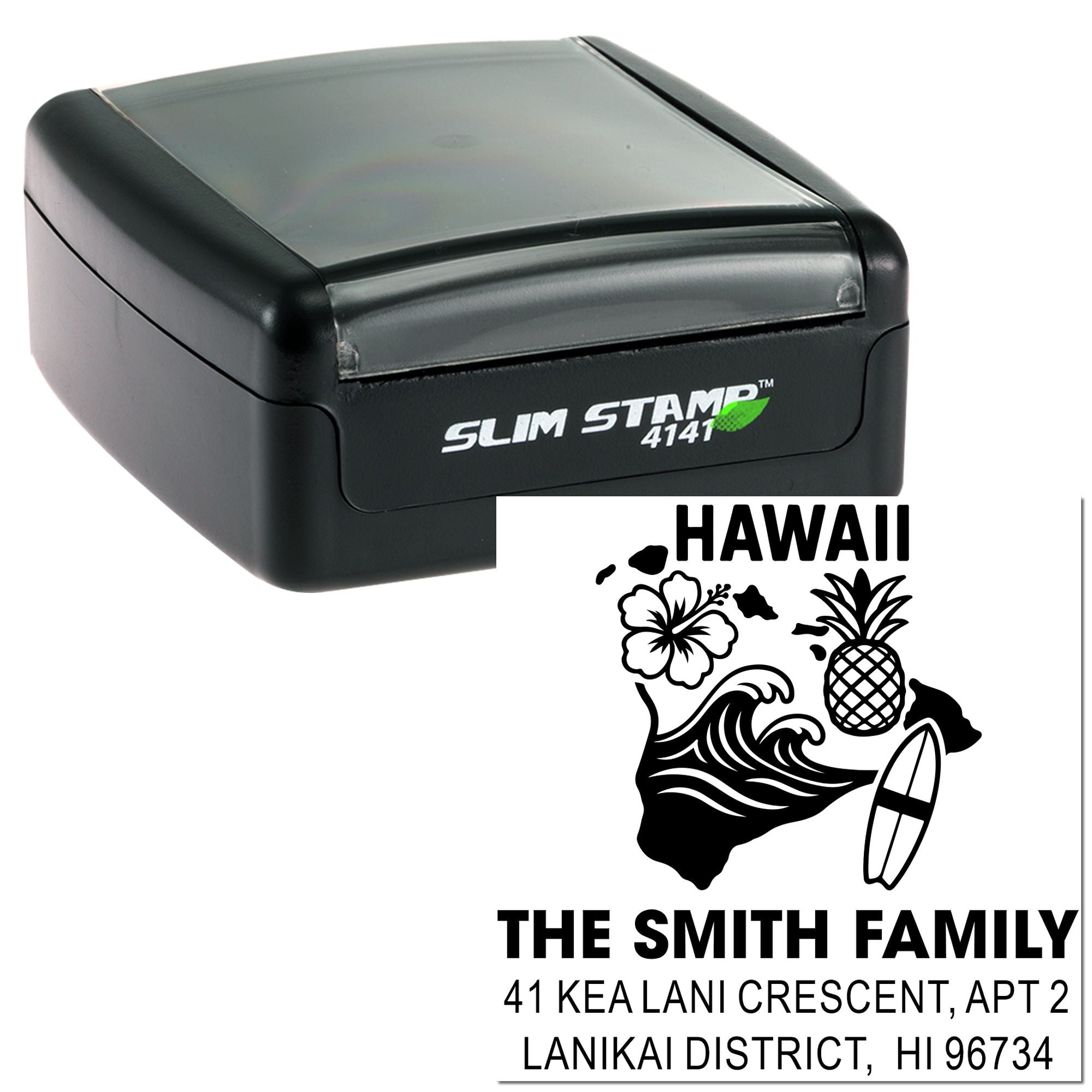Custom Hawaii return address rubber stamp with surf, hibiscus, pineapple, and surfboard design for family mailings.