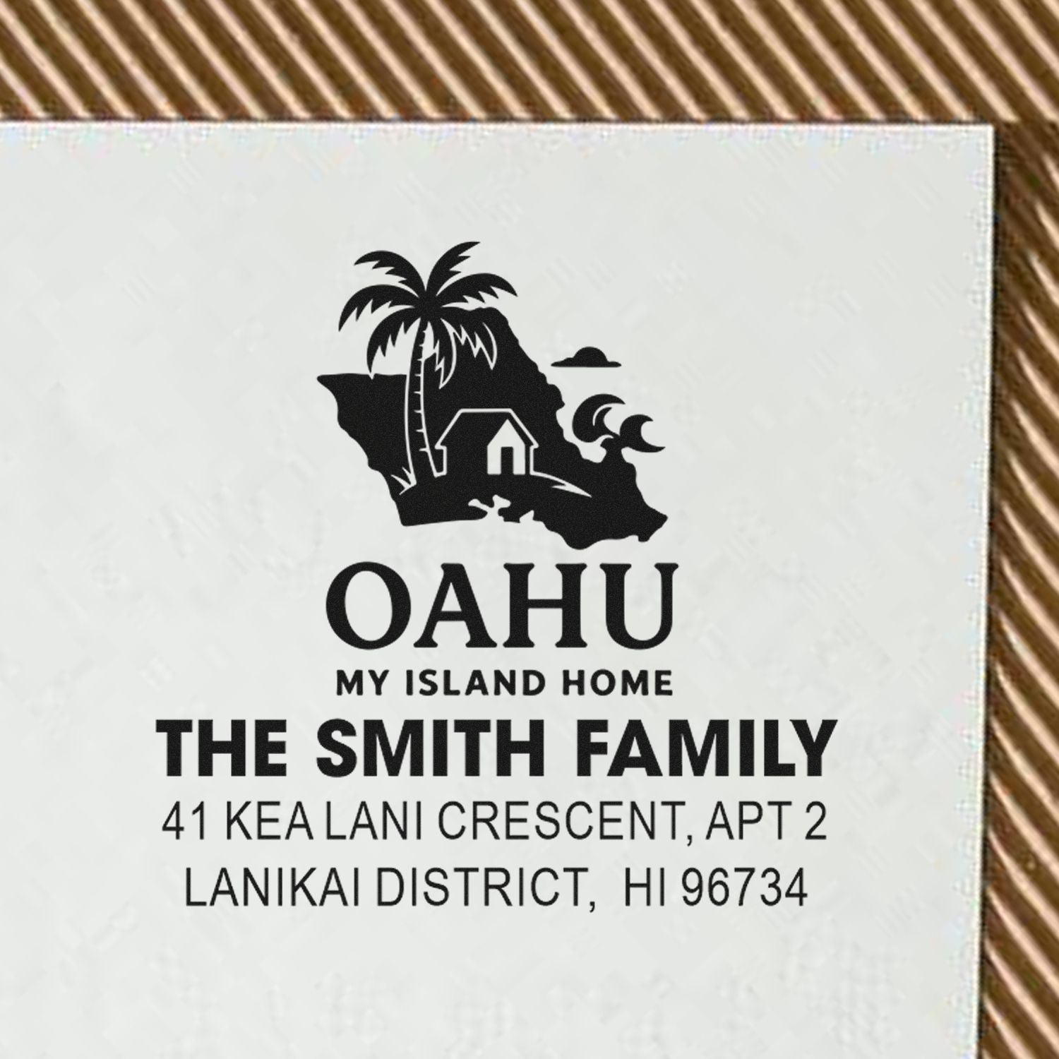 Personalized Oahu return address rubber stamp with island home design for The Smith Family, Lanikai District, HI 96734.