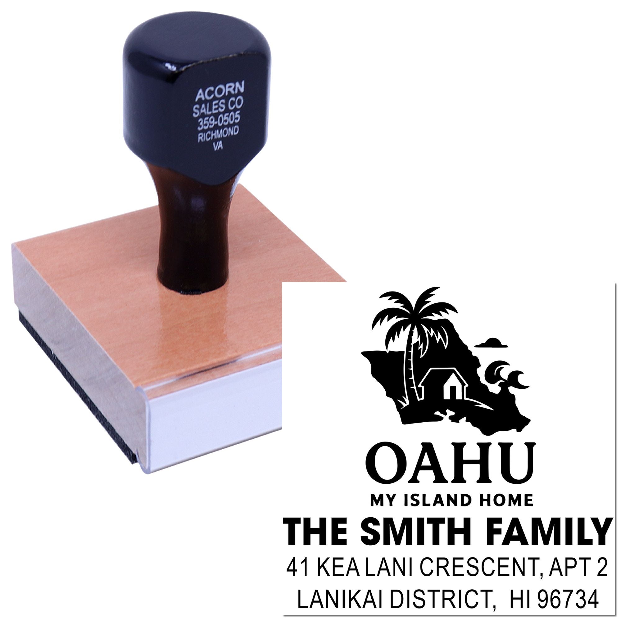 Personalized Oahu return address rubber stamp for Hawaii home mailing, featuring family name and custom island design