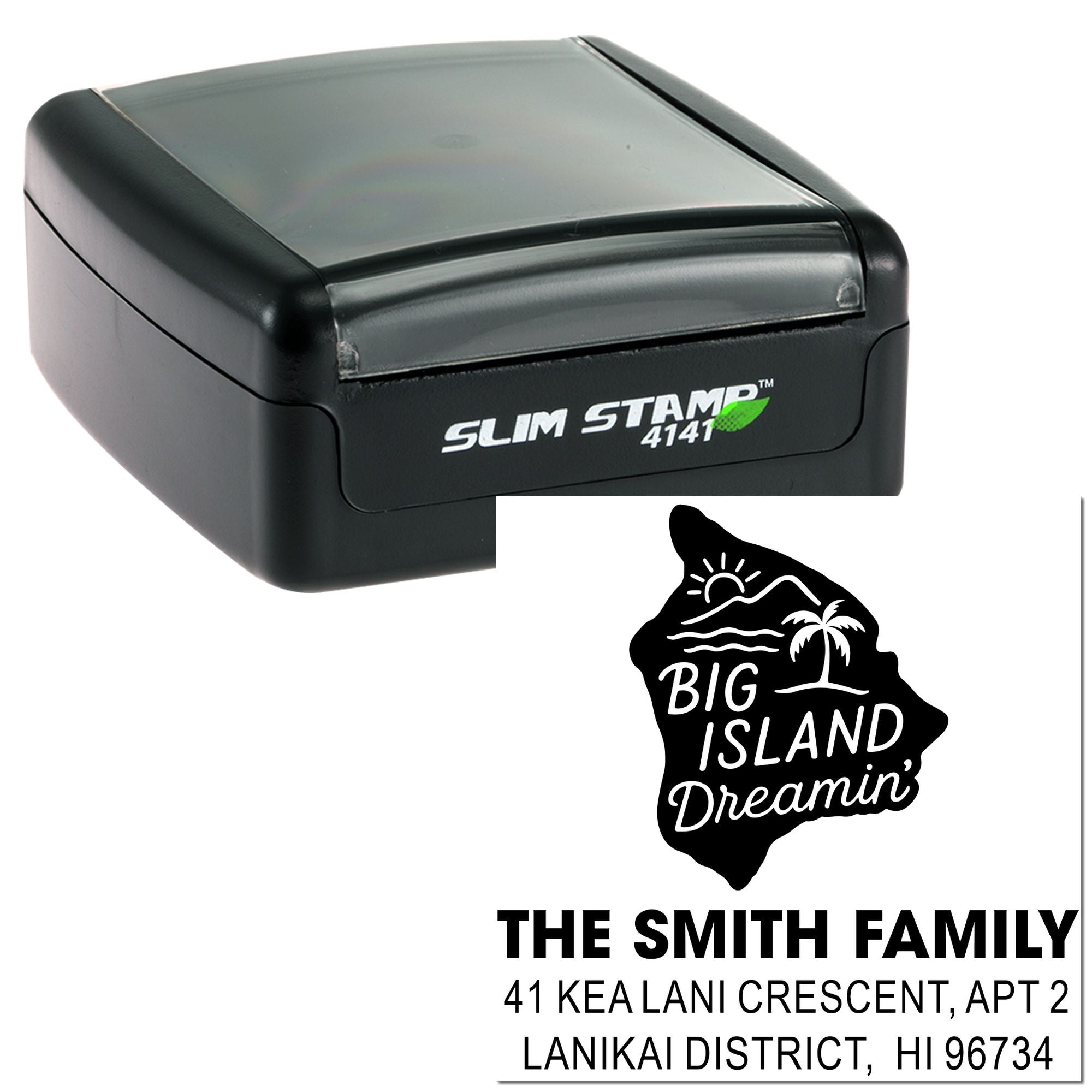 Self-inking rubber return address stamp with Hawaii island design for The Smith Family, Lanikai, HI.
