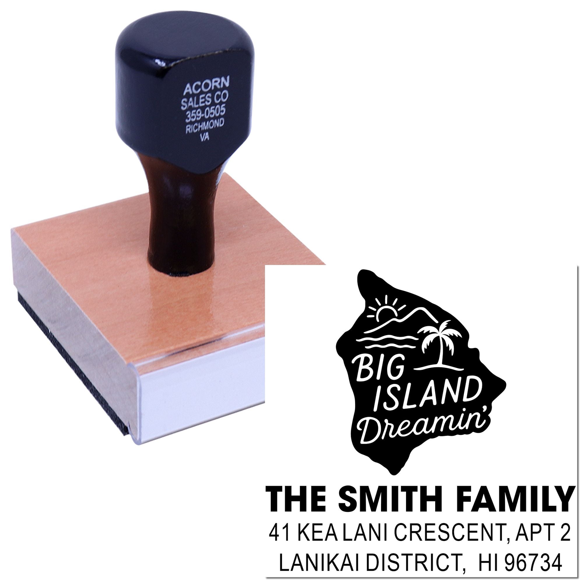 Custom rubber address stamp with Big Island Dreamin' family design and return address for personalized mailing.