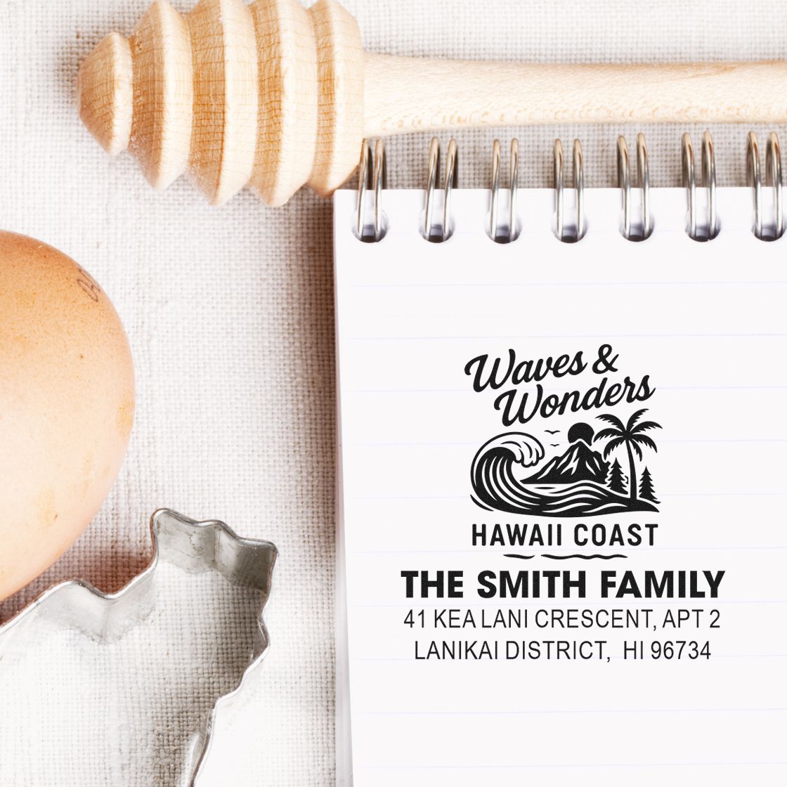 Beach-themed custom return address rubber stamp imprint for The Smith Family with Hawaii coast design