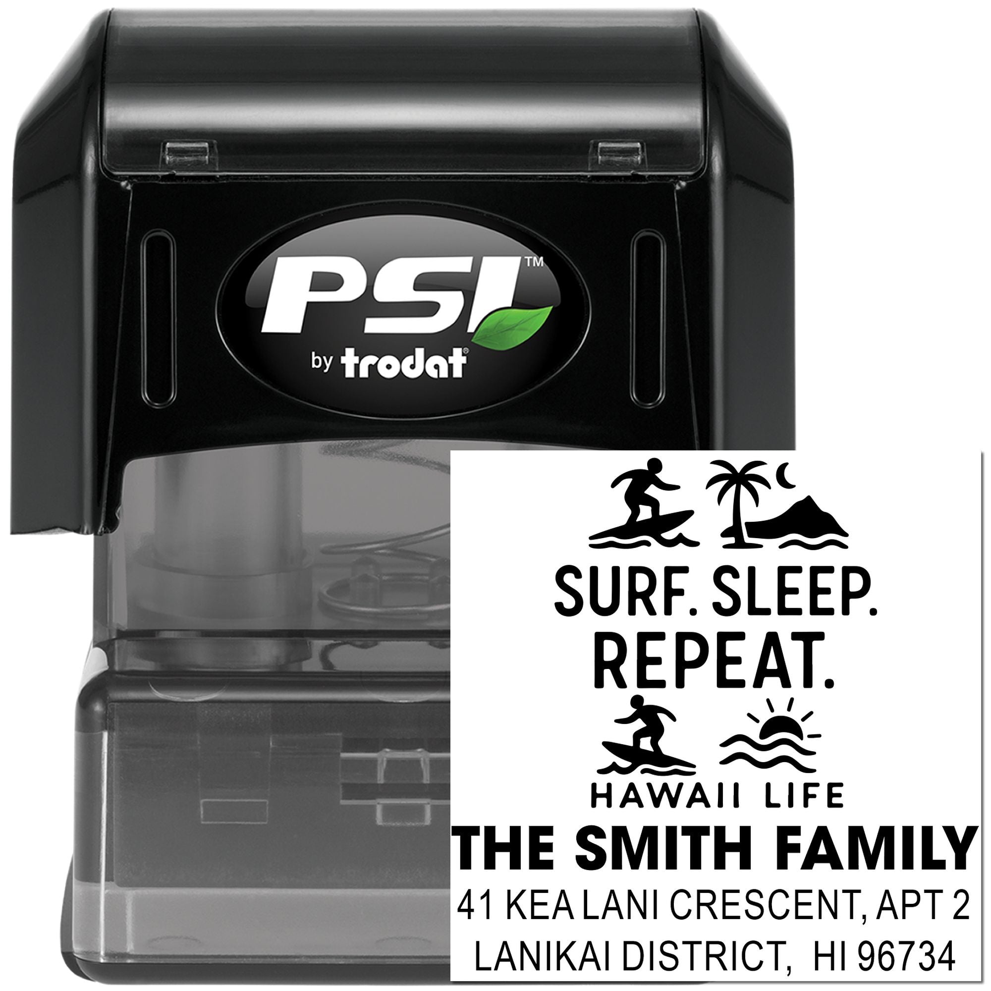 Custom PSI by Trodat personalized rubber stamp with Hawaii surf sleep repeat design and Smith family address.