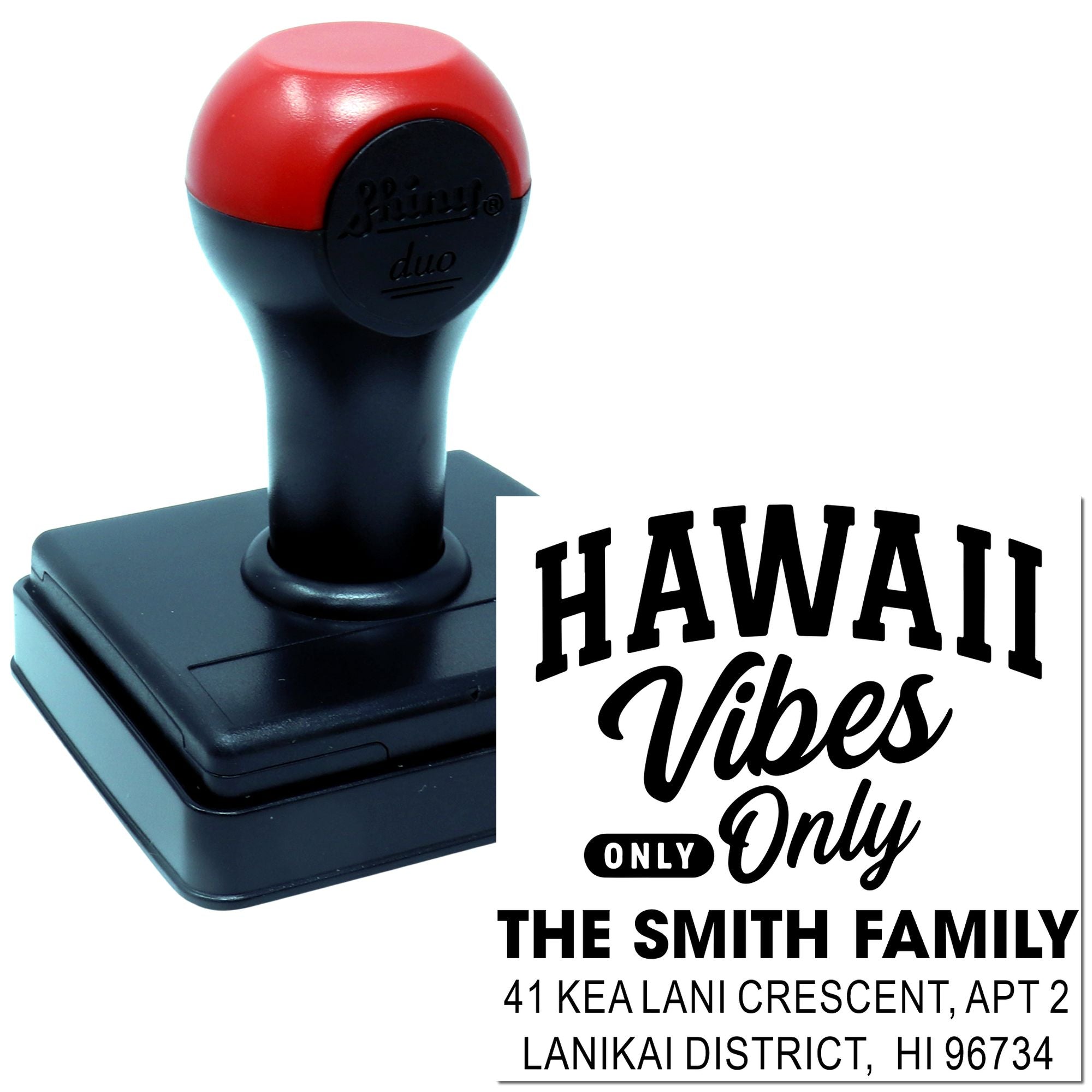 Custom rubber address stamp with Hawaii Vibes Only design for The Smith Family, ideal for personalized mailing.