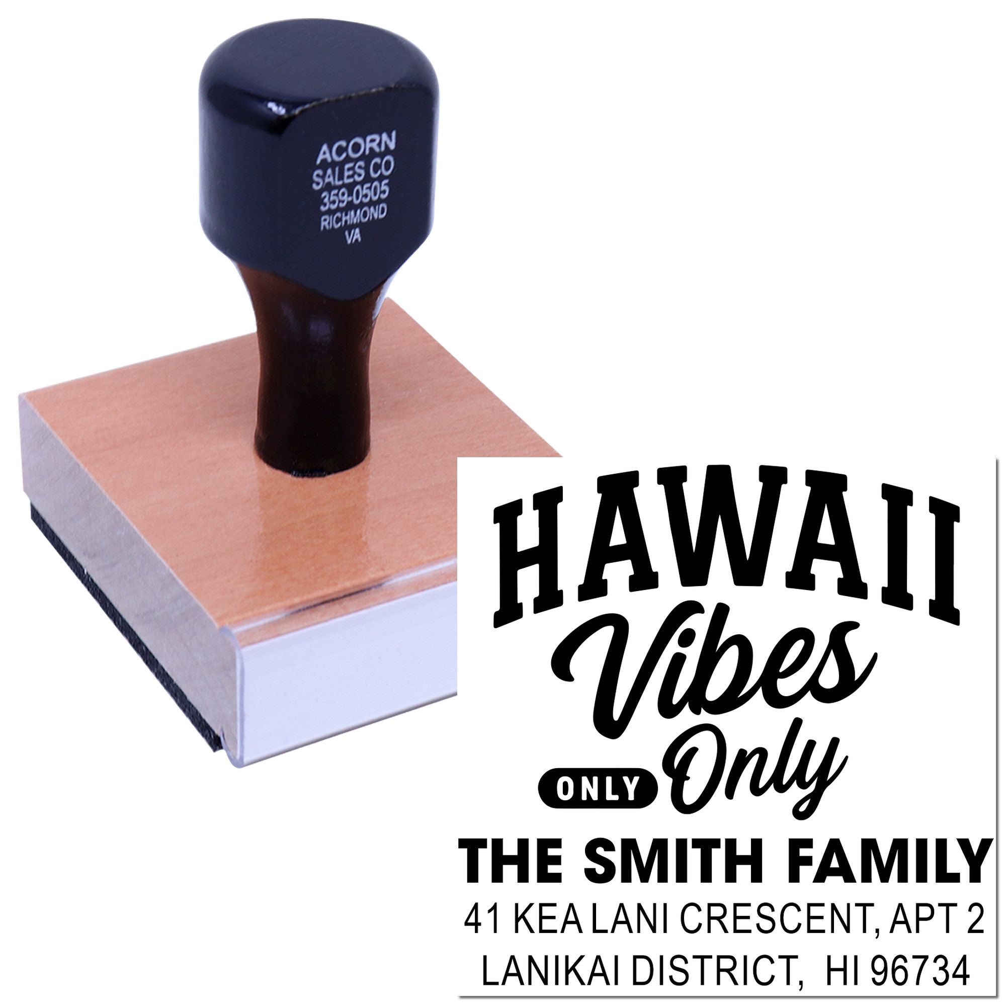 Custom Hawaii family address rubber stamp with Hawaii Vibes Only design for The Smith Family, Lanikai District, HI.