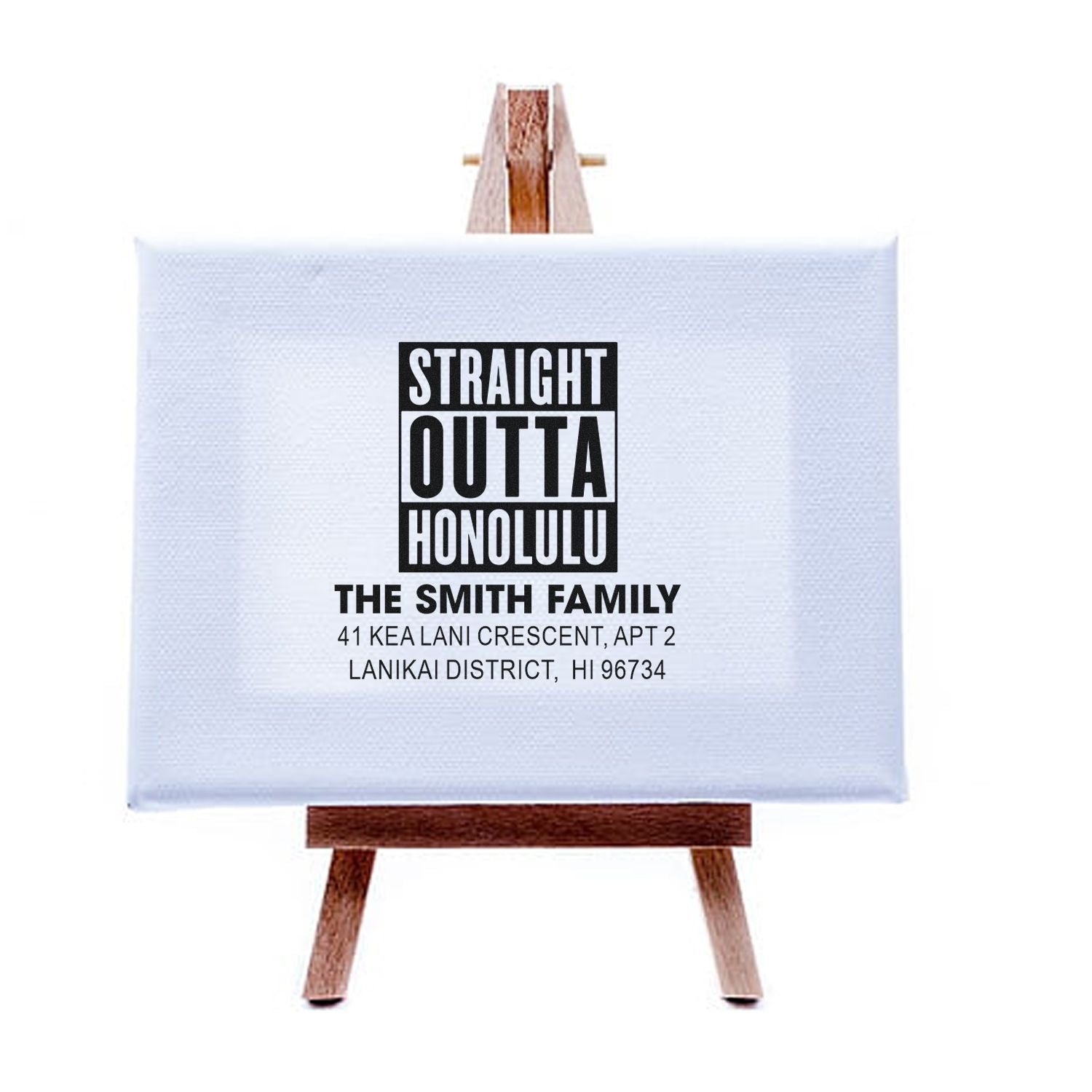 Custom return address rubber stamp with Straight Outta Honolulu design, Smith family name, and Hawaiian mailing address.