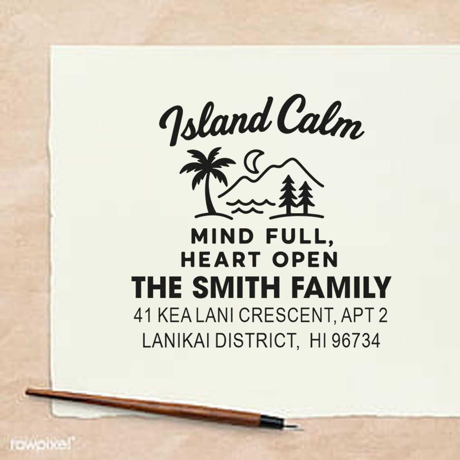 Custom tropical return address rubber stamp with Island Calm design for The Smith Family, Lanikai, HI.