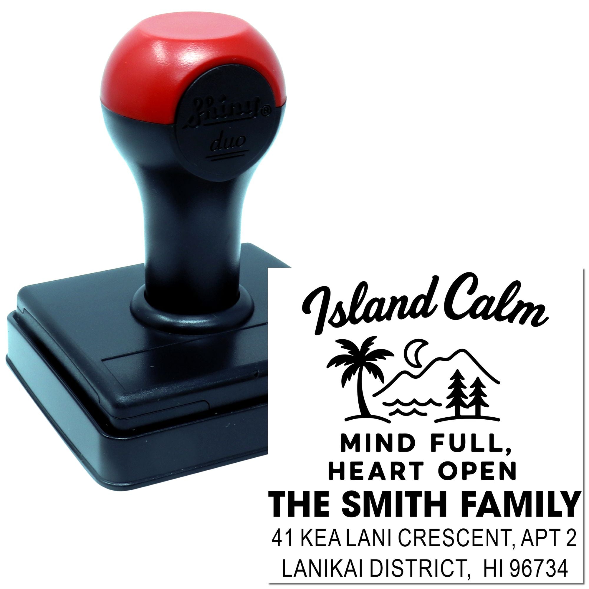 Custom self-inking rubber address stamp with personalized Island Calm family return address design for mailing and crafting.