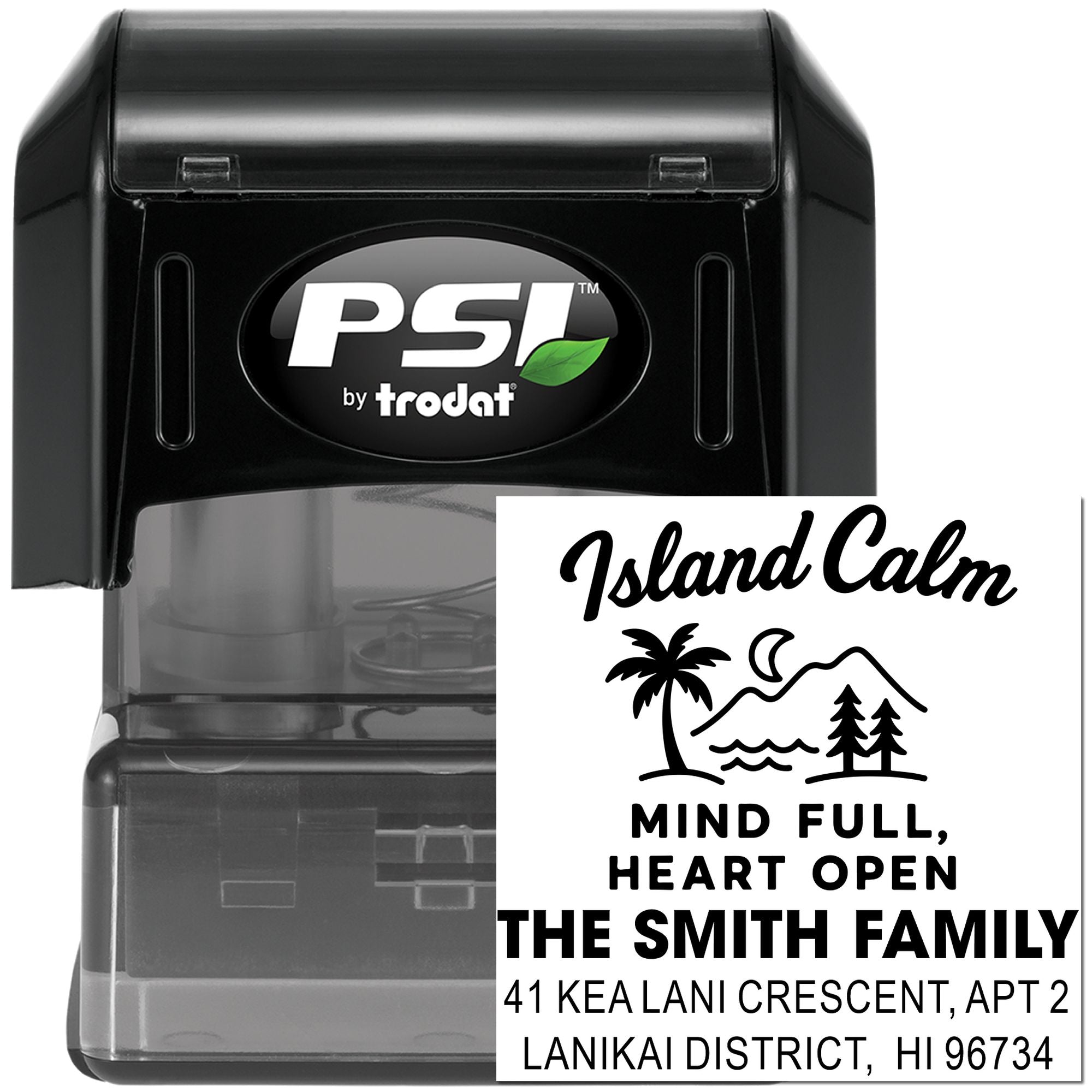 PSI by Trodat self-inking rubber stamp with custom return address and island-themed family design for personalized mailing