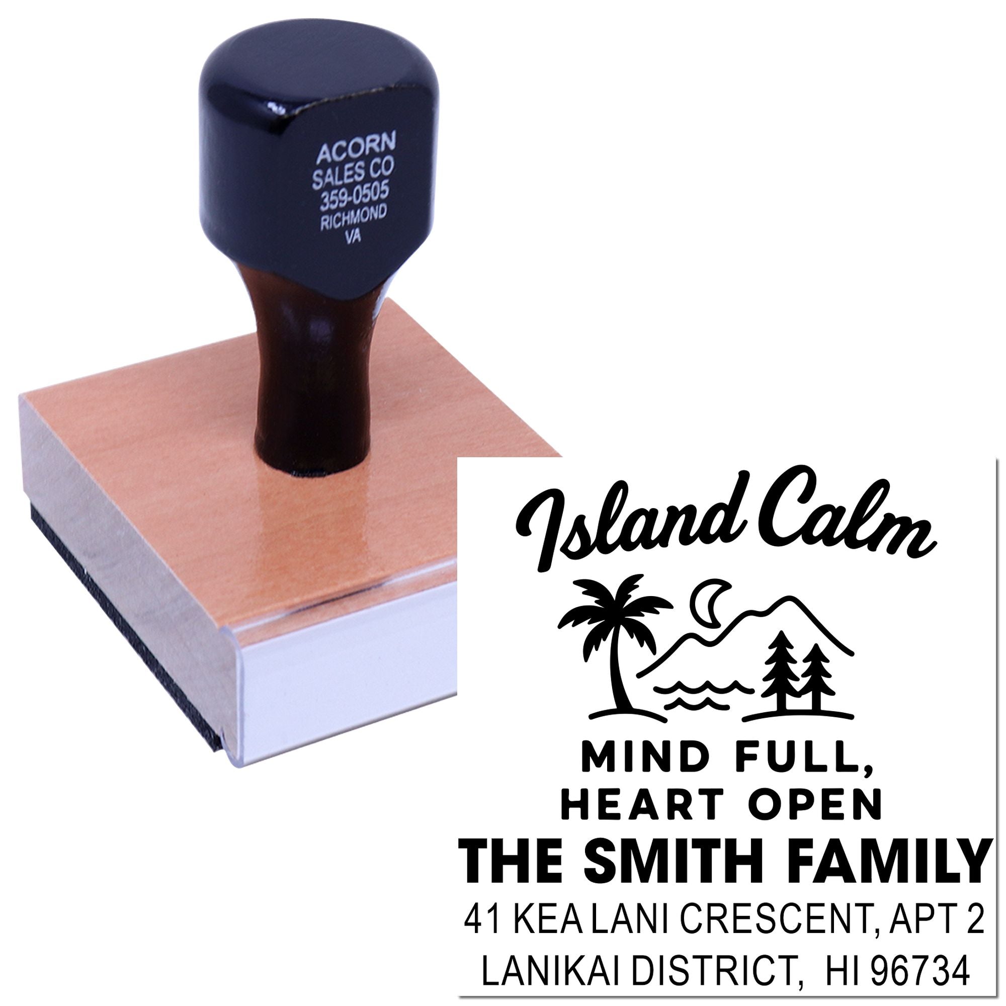 Custom rubber stamp with personalized family return address and tropical Island Calm, Mind Full design for mailing envelopes.