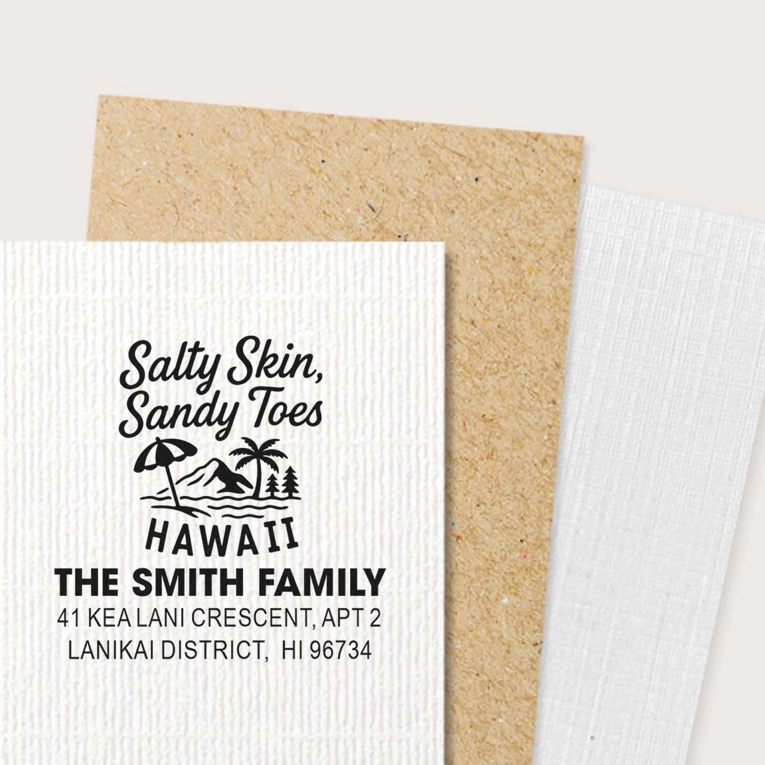 Custom return address rubber stamp with Hawaii beach design, Salty Skin, Sandy Toes family name and address imprint.