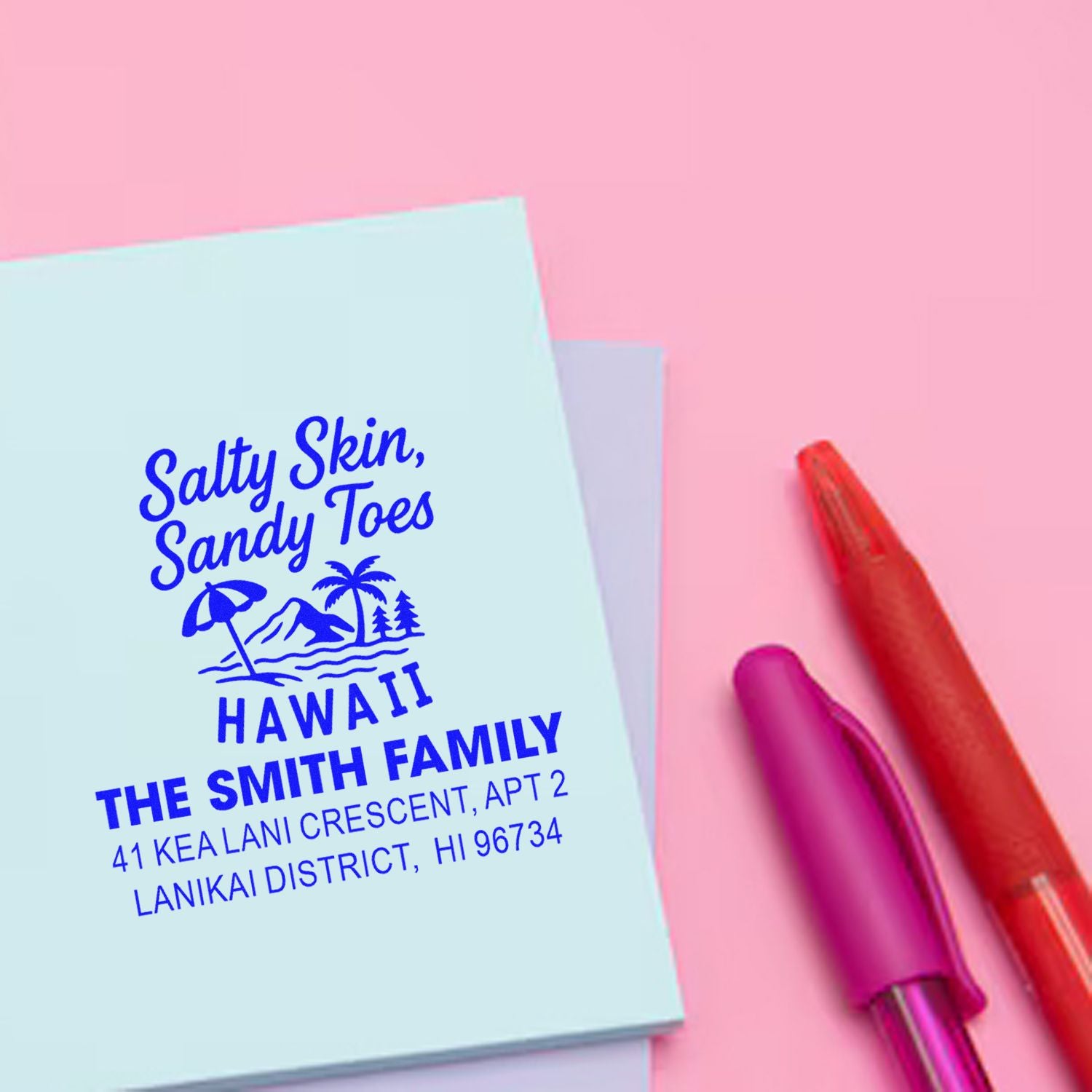 Custom Hawaii return address rubber stamp with tropical design for personalized family mailings and cards.