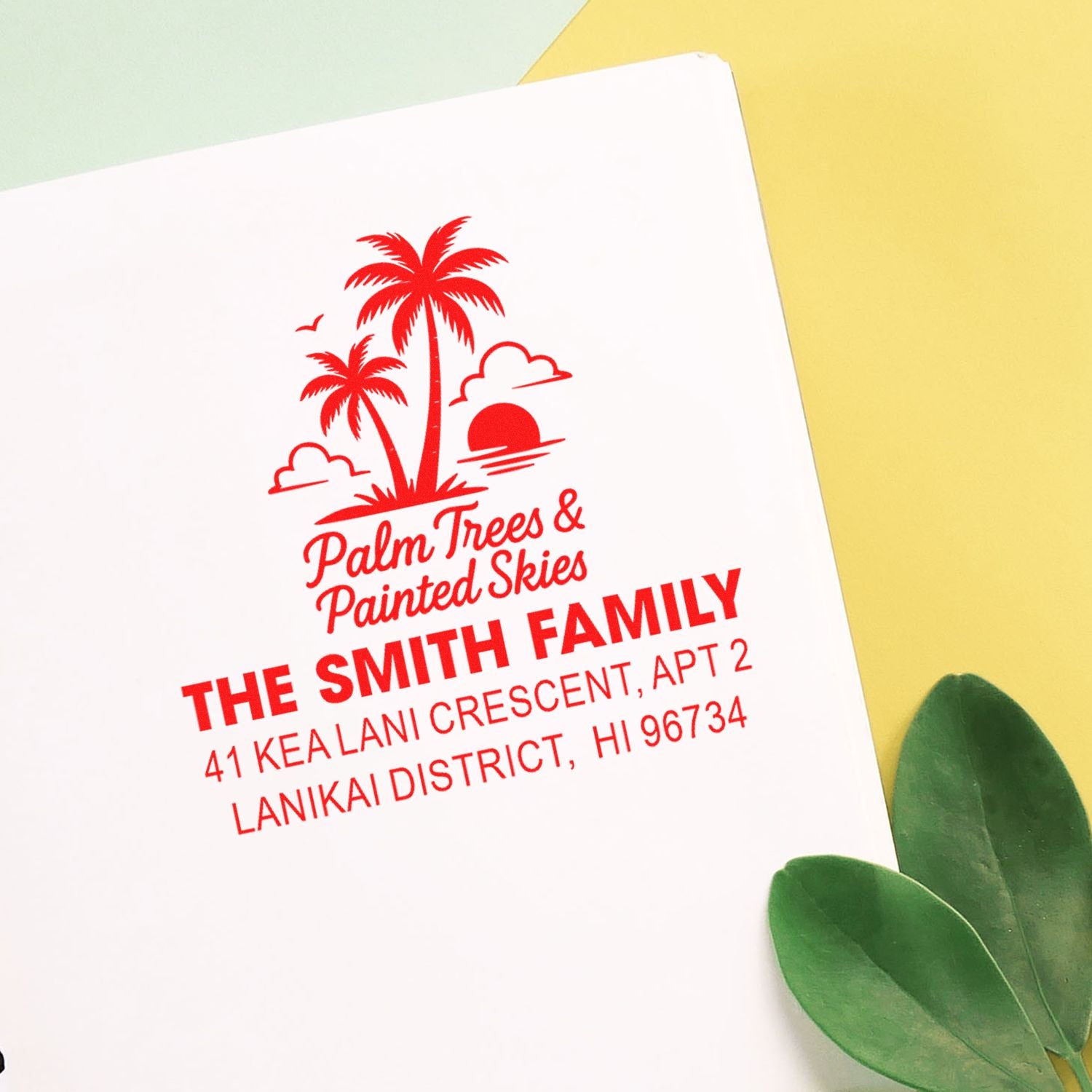 Custom address rubber stamp with palm tree logo and Hawaii return address for The Smith Family.