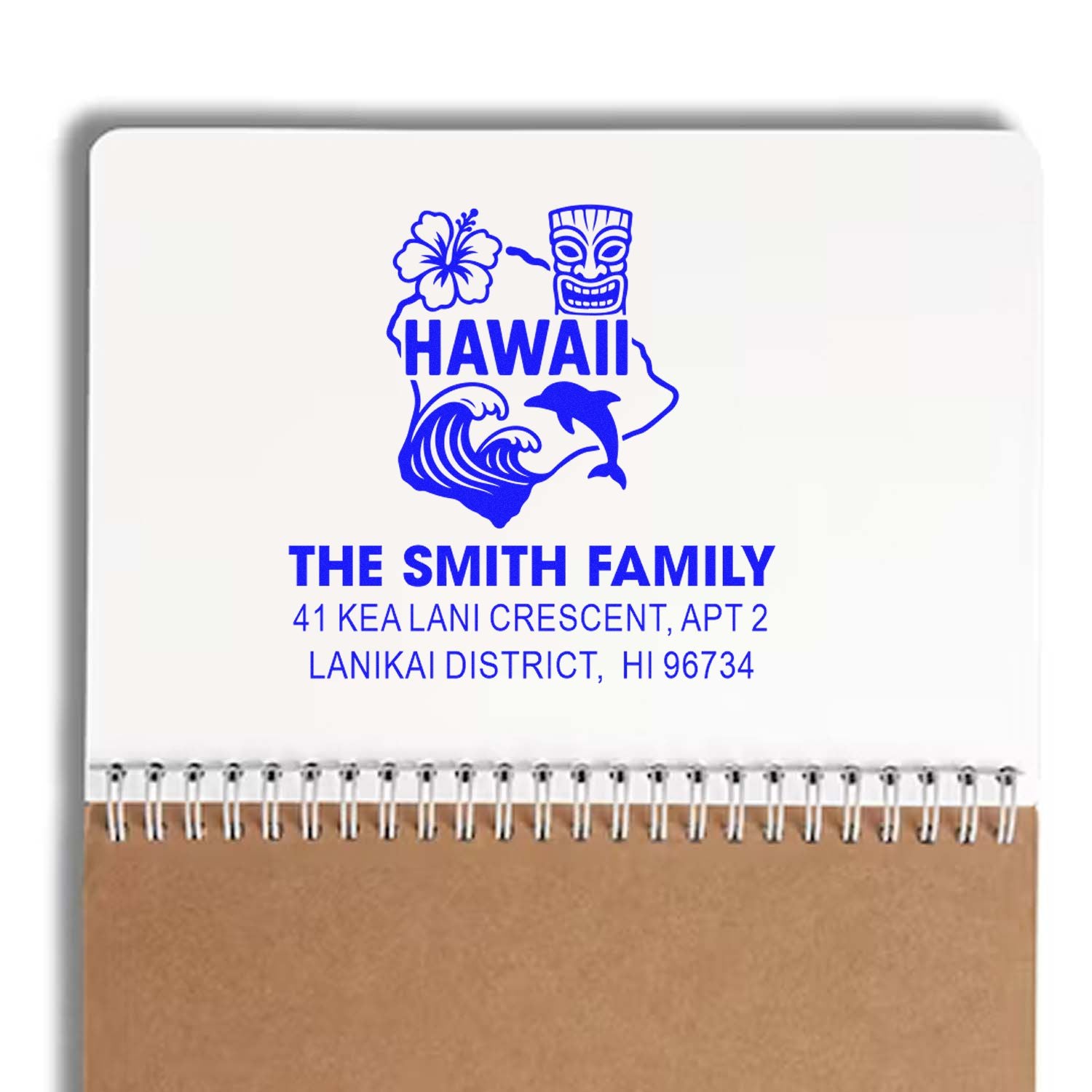 Custom Hawaii return address rubber stamp for The Smith Family with tiki, hibiscus, wave, and dolphin design.