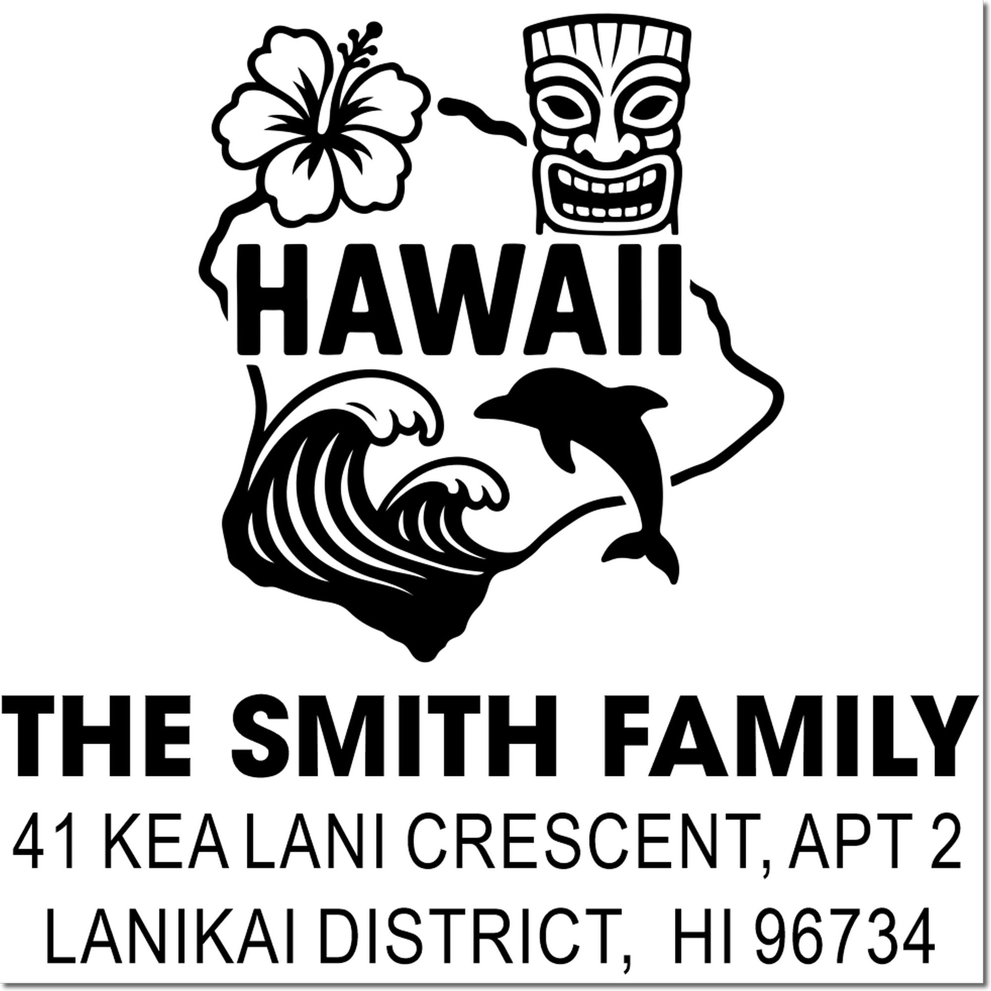 Hawaii family address rubber stamp design with hibiscus, tiki, wave and dolphin for The Smith Family, Lanikai District