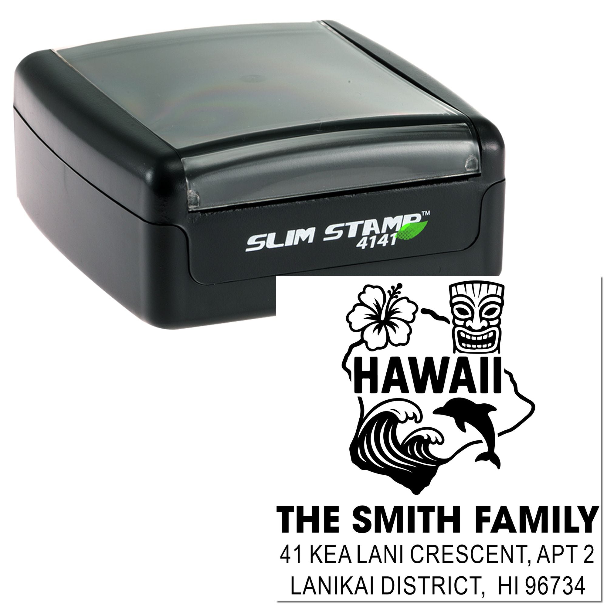 Custom Slim Stamp 4141 self-inking rubber stamp with Hawaii tiki design and Smith family return address