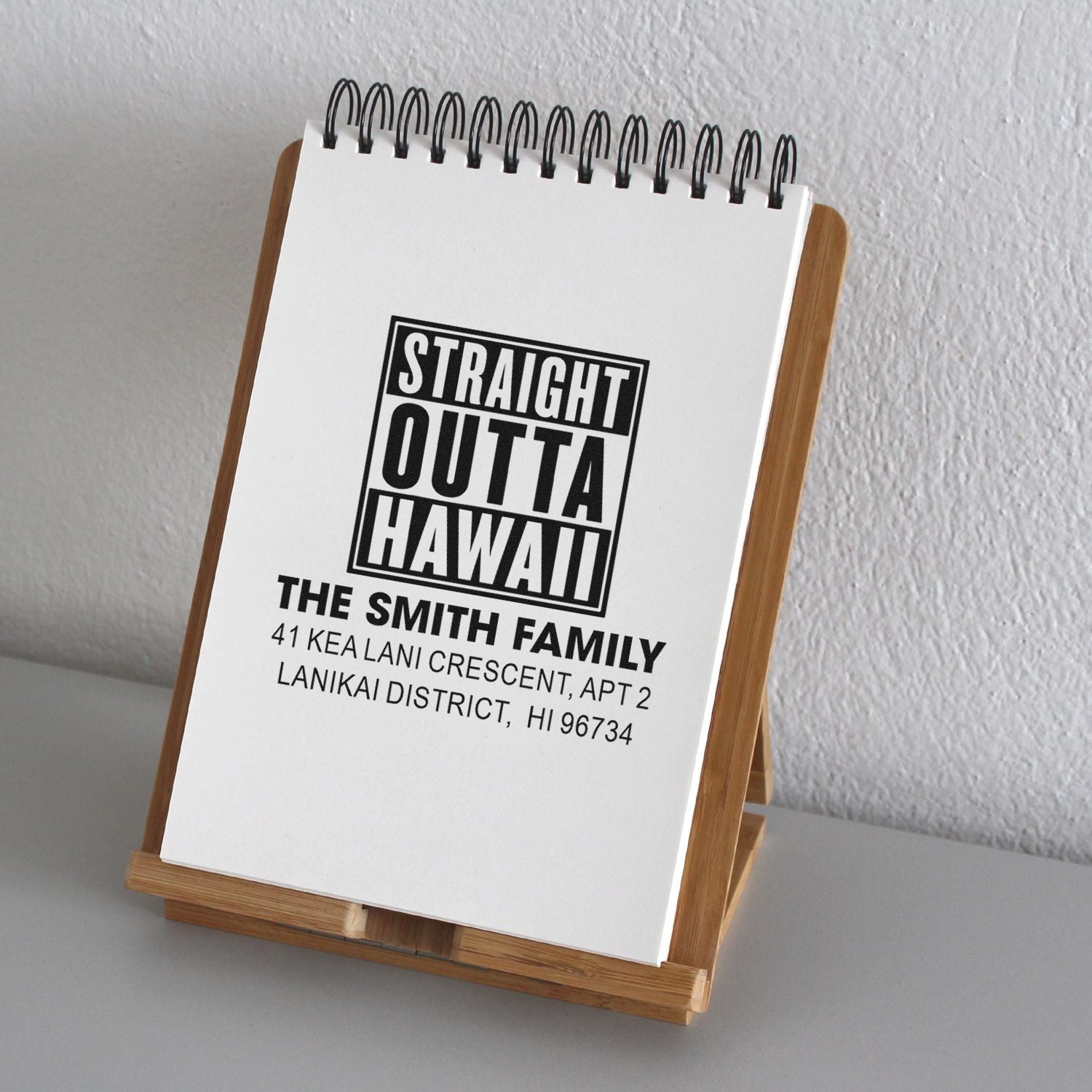 Personalized return address rubber stamp impression with Straight Outta Hawaii design for The Smith Family.