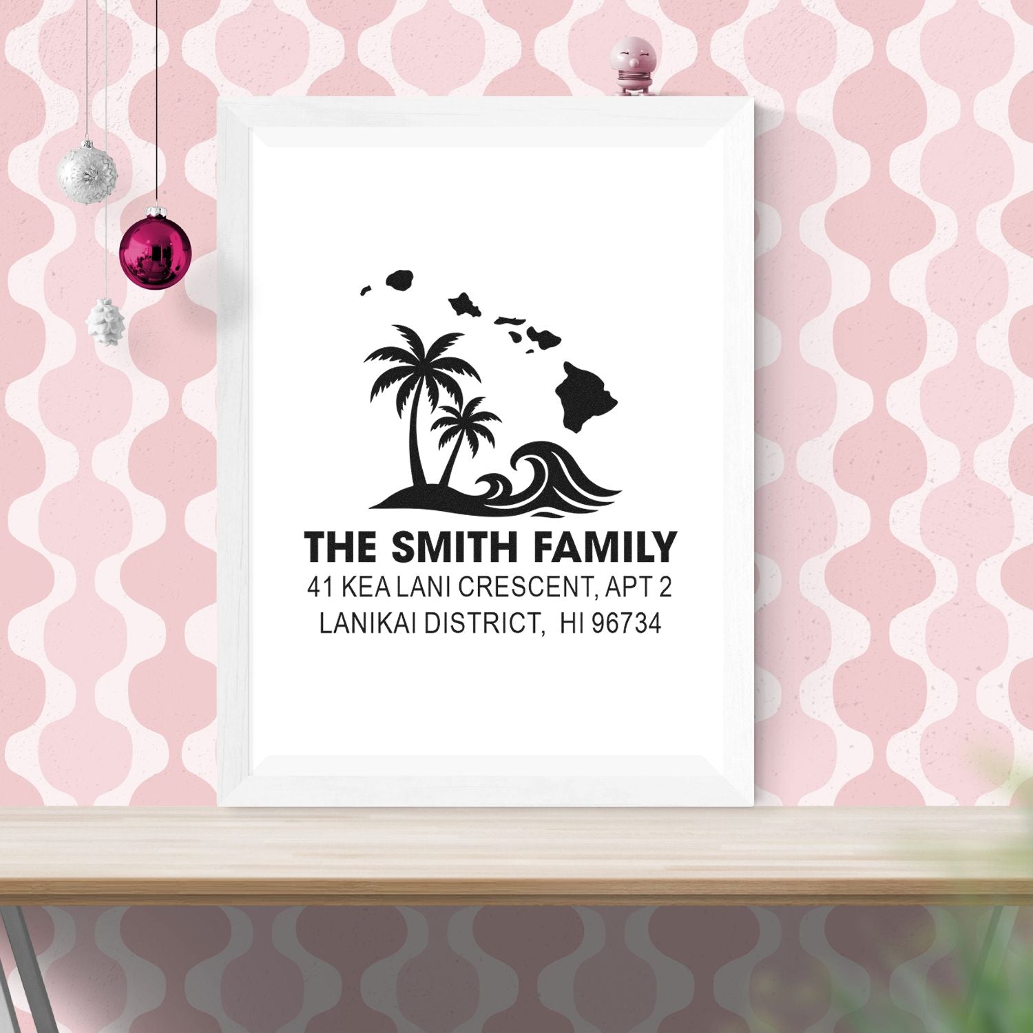 Personalized Hawaii return address rubber stamp for The Smith Family with palm trees, waves and island map.