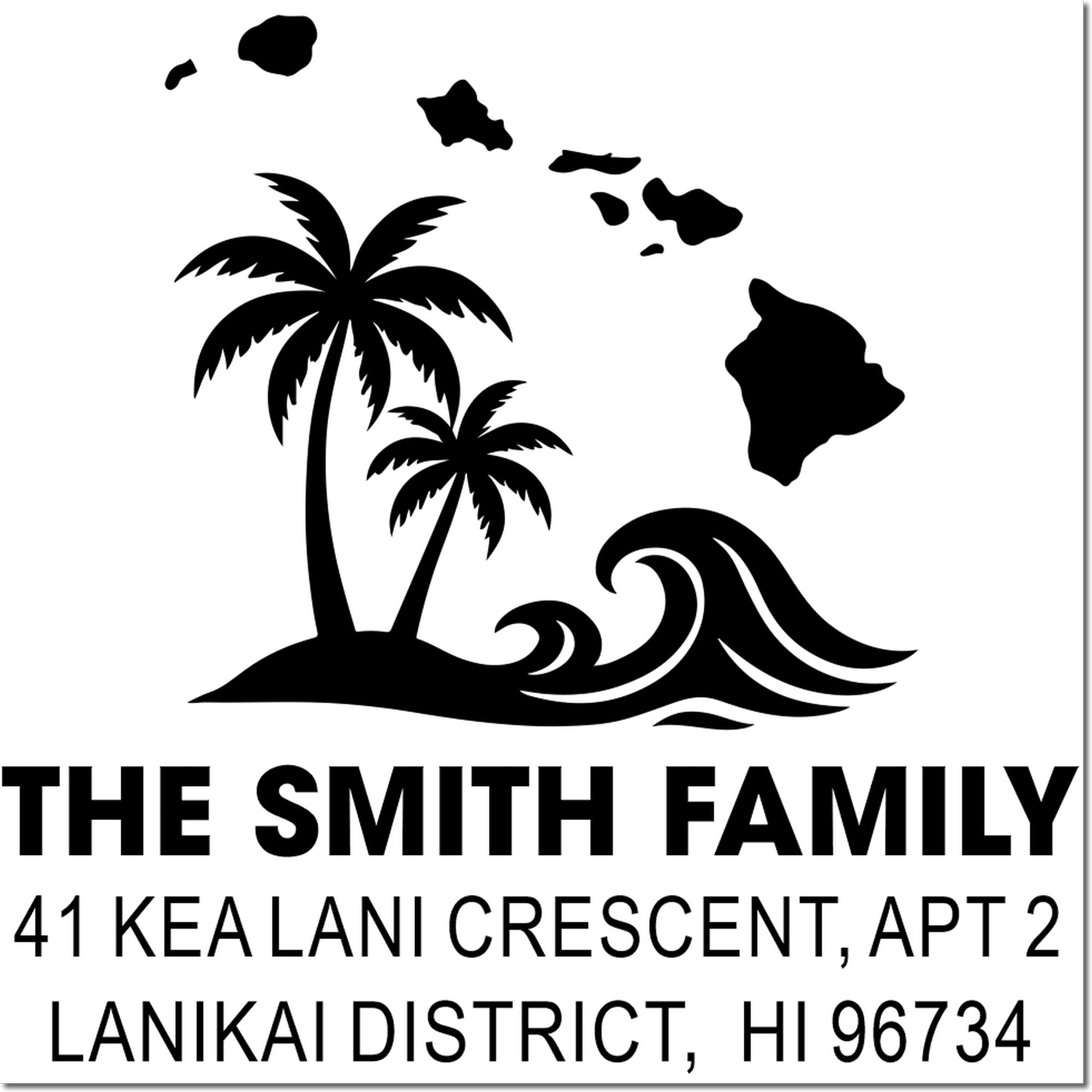 Custom return address rubber stamp for The Smith Family, 41 Kea Lani Crescent Apt 2, Lanikai District, HI 96734.
